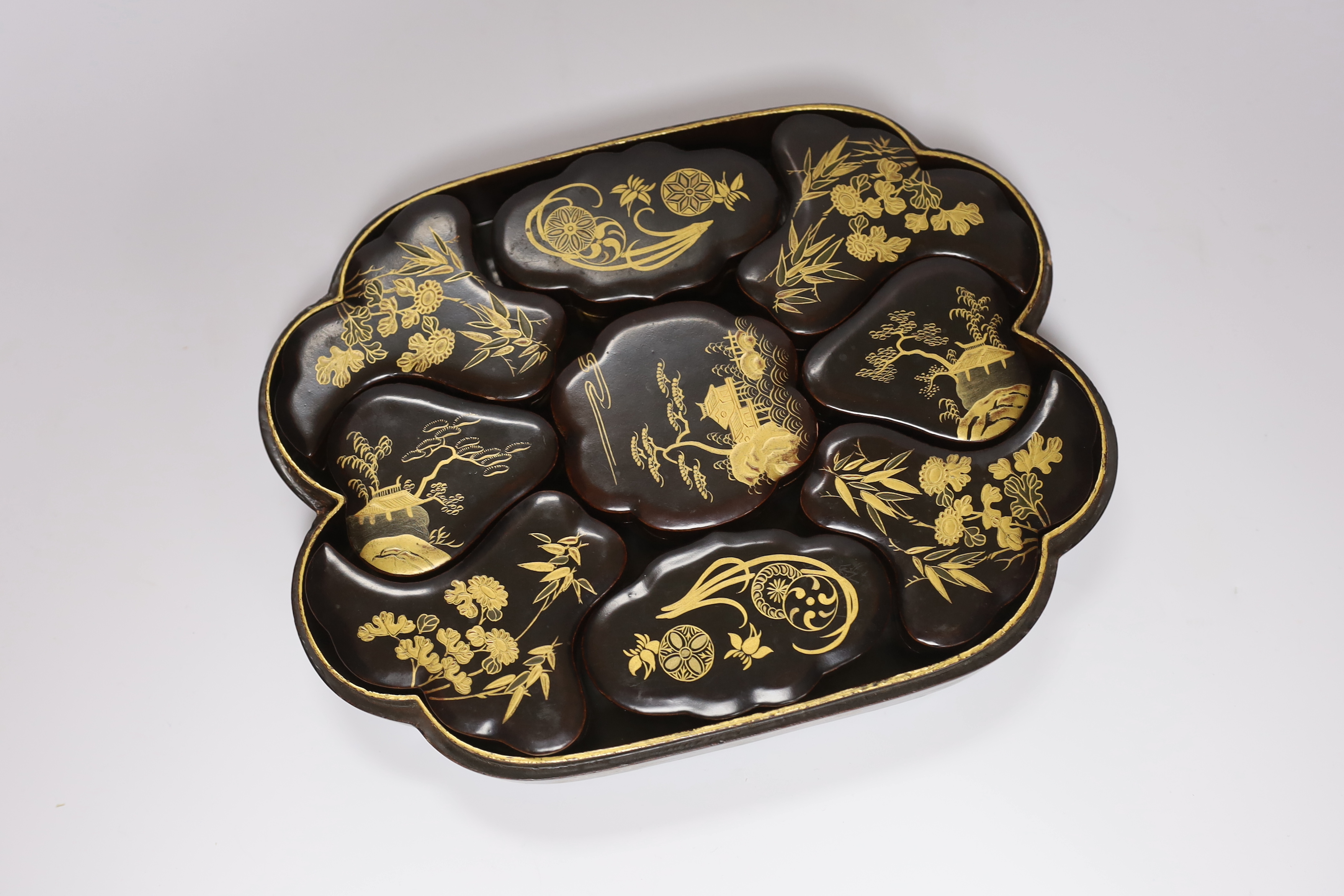 An early 20th century Japanese gilt lacquer box containing nine similar boxes, 28cm - Image 3 of 3