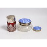 A silver and enamel compact, a silver and enamel mounted glass jar and an Edwardian silver mounted