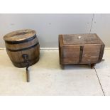 Two Victorian iron bound butter churns, larger height 44cm