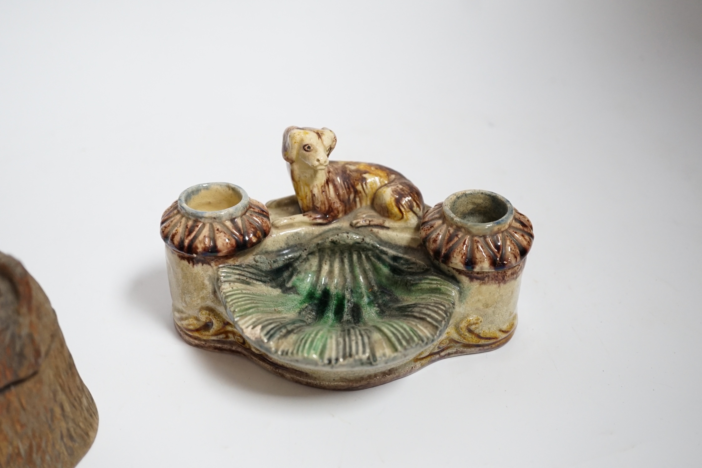 A Black Forest carved bear inkwell and a majolica inkwell surmounted with a dog, largest 14cm wide - Image 2 of 5