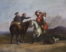 18th century style, oil on board, Figures on horseback before a landscape, indistinctly inscribed