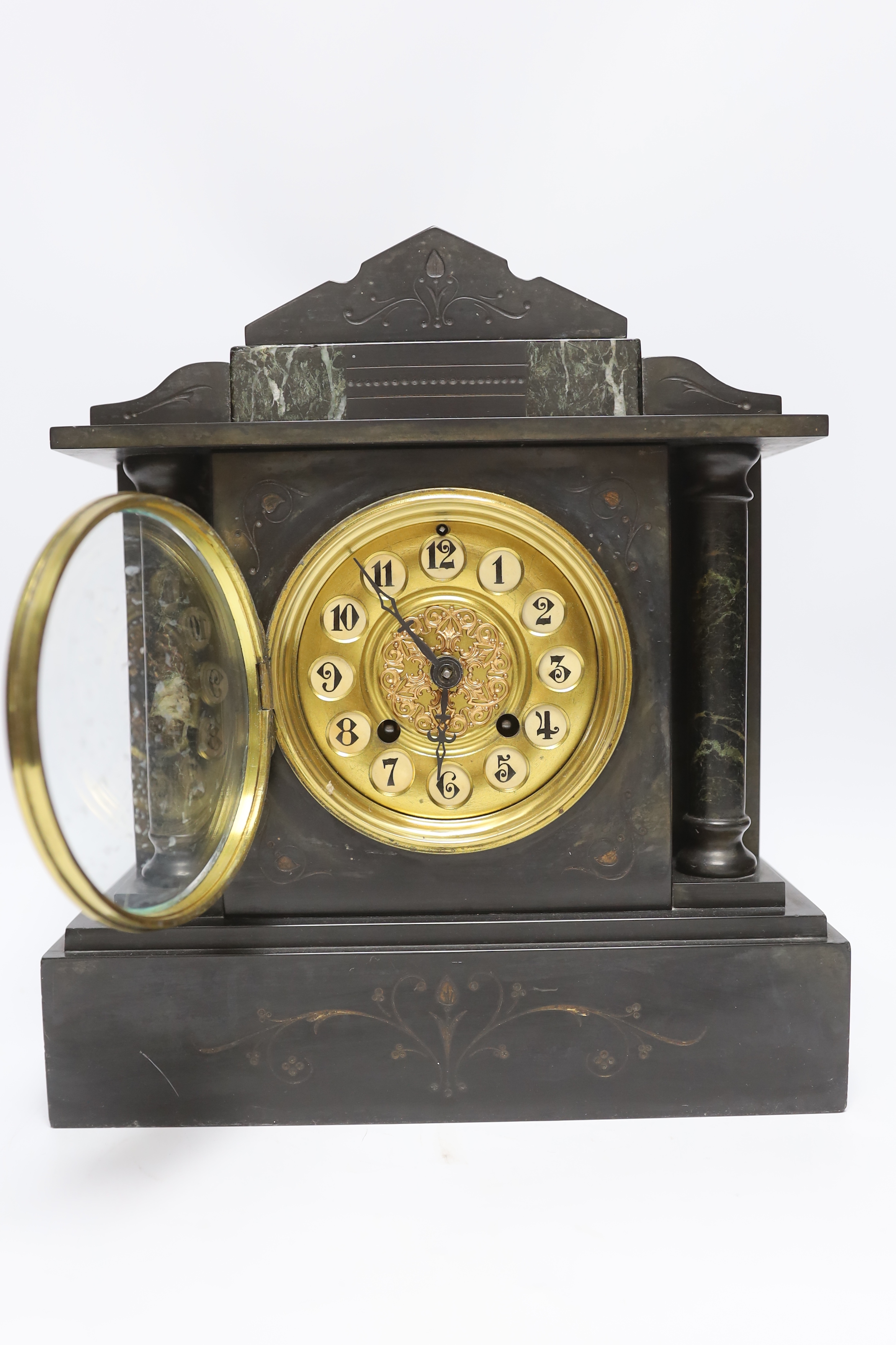 A slate and marble mantel clock with Arabic dial, 29cm high - Image 2 of 4