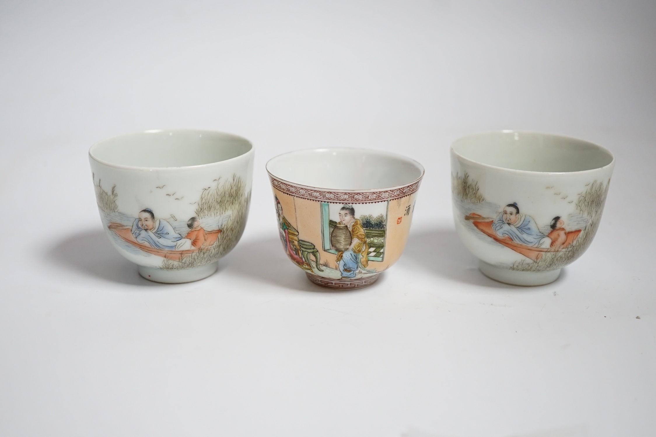 Three Chinese enamelled porcelain tea bowls, largest 5cm high - Image 2 of 5