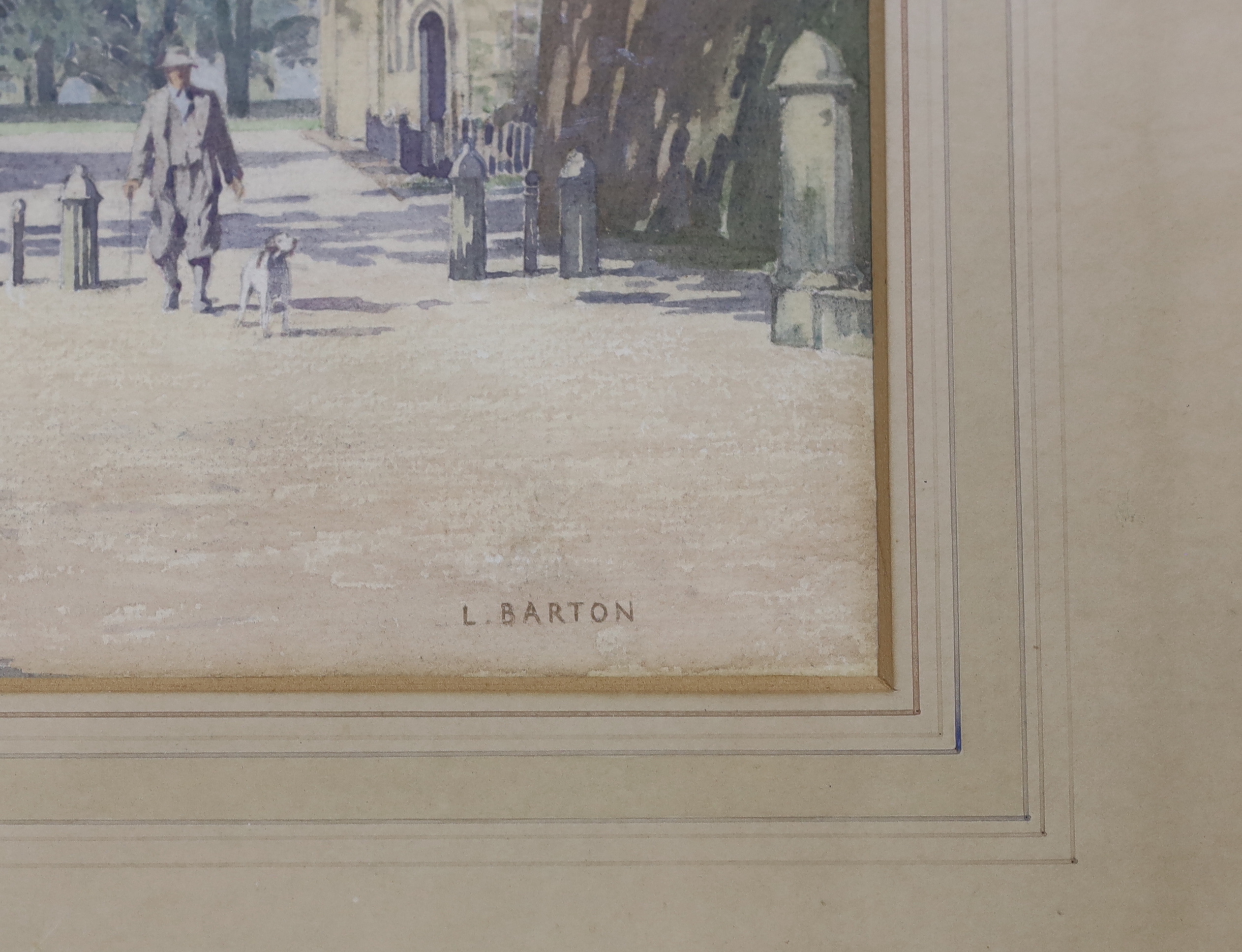 Leonard Barton (1893-1971), watercolour, Street scene with figure and dog, signed, 26 x 37cm - Image 3 of 3