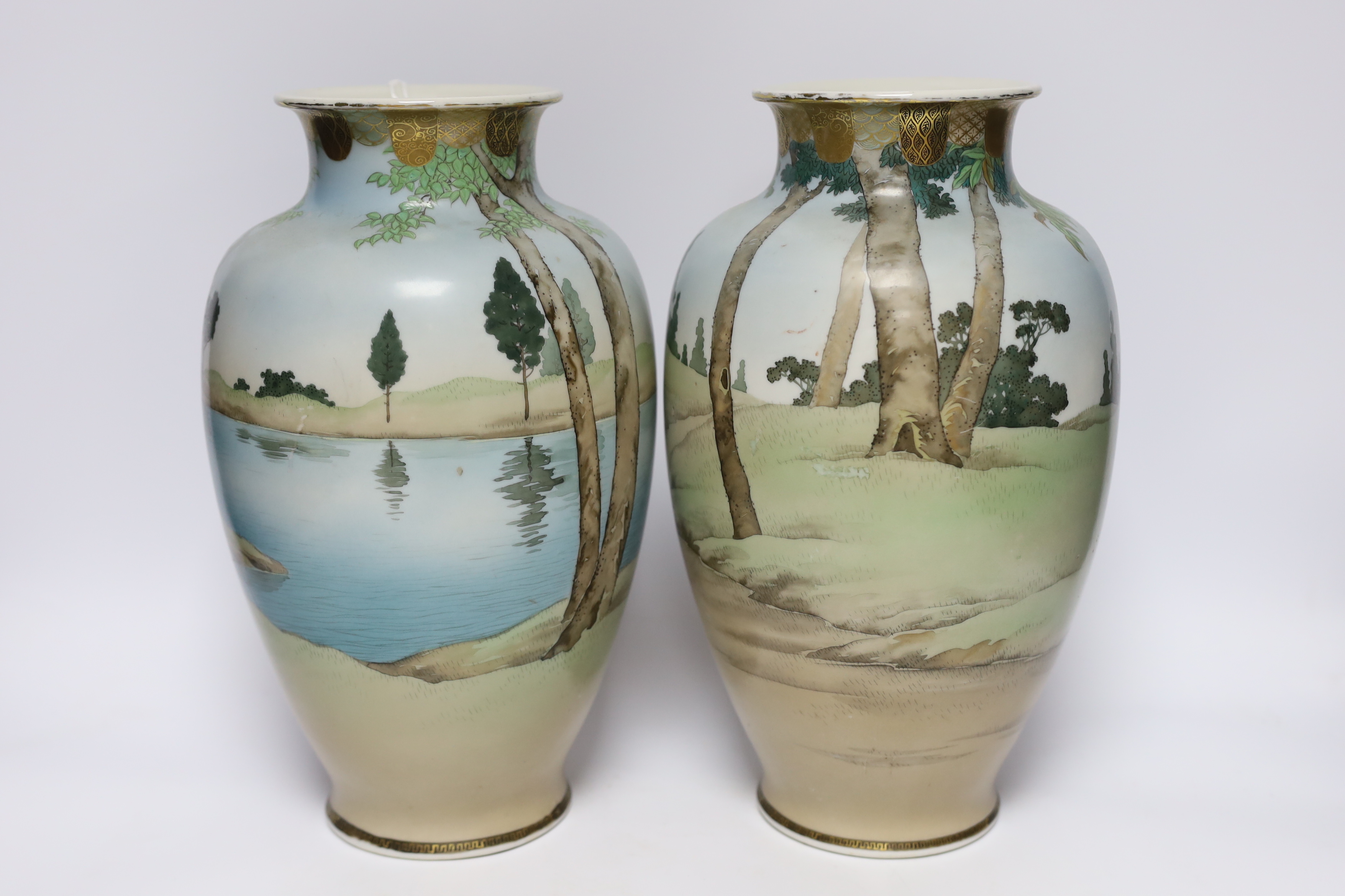 A pair of early 20th century Japanese enamelled porcelain ‘Bijin’ vases, 32cm - Image 2 of 4