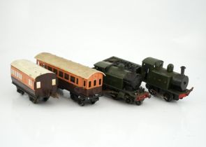 Fifteen tinplate 0 gauge railway items, including three clockwork locomotives; an LSWR 0-4-2