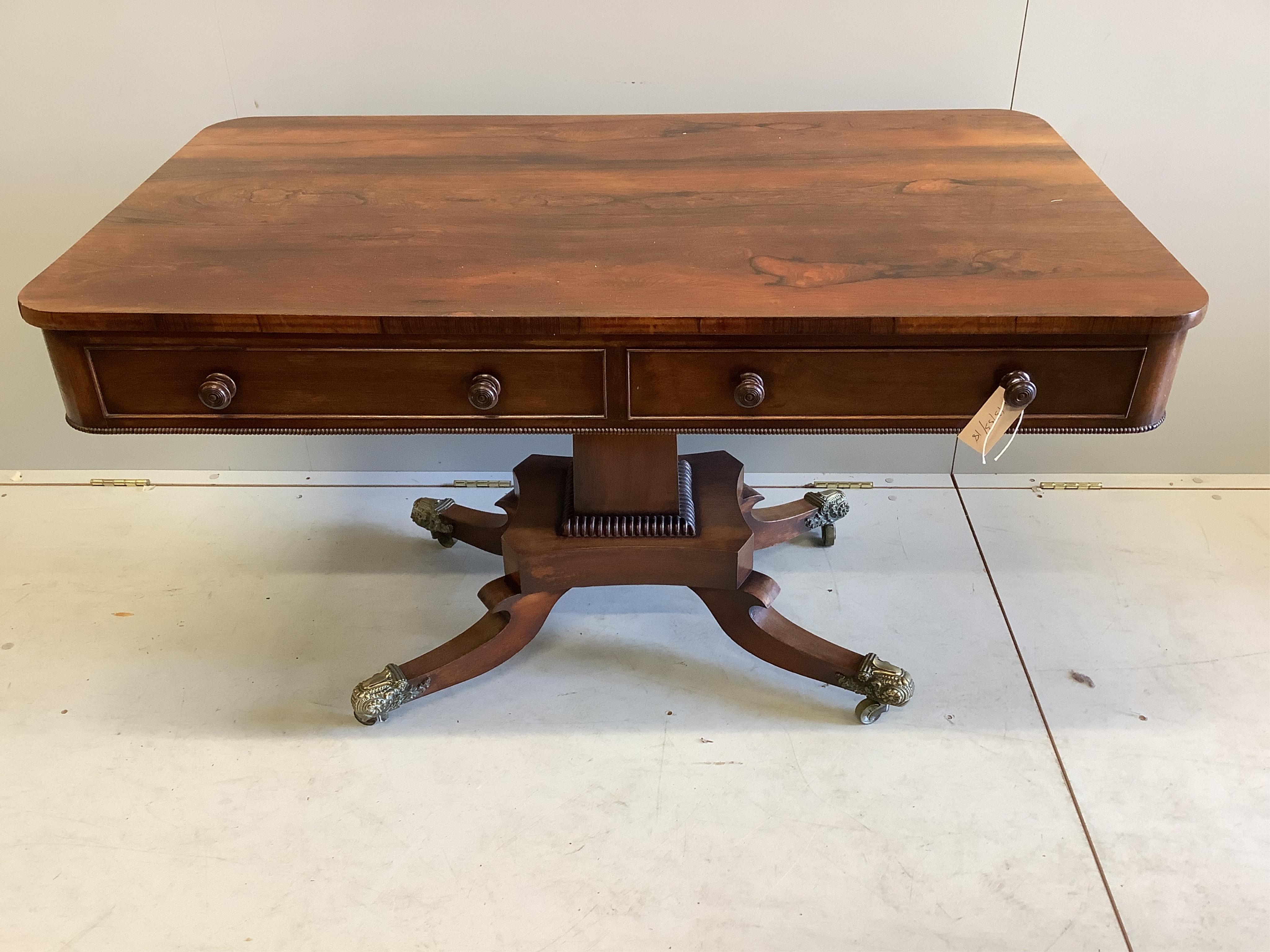 A Regency rectangular rosewood centre / library table, fitted two frieze drawers and two dummy - Bild 2 aus 4