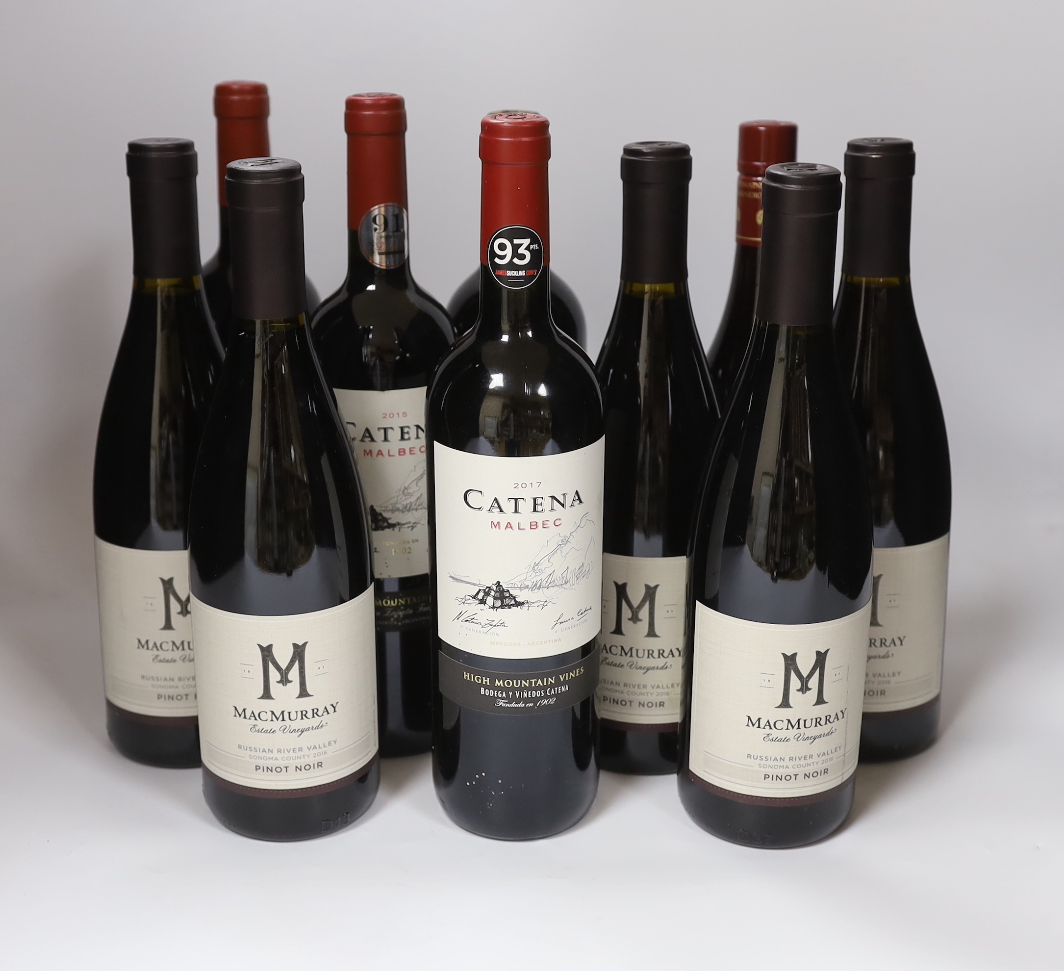 Ten bottles of wine - five bottles of Macmurray Pinot noir, three bottles of Catena Malbec (2015,
