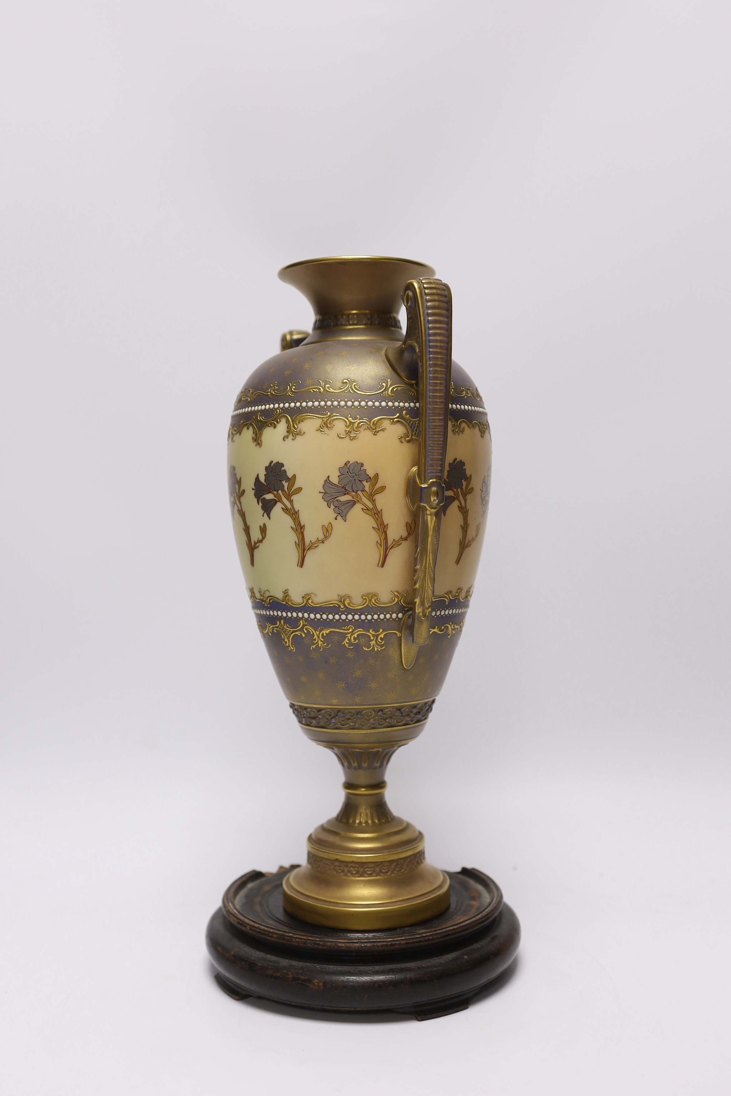 A Royal Worcester blush ivory two handled vase, model no. 1481, with hardwood stand, 31cm - Image 2 of 5