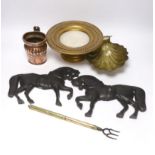 A group of metalware to include a pair of lead ‘horse’ wall mounts, a copper wall pocket, abrass ‘