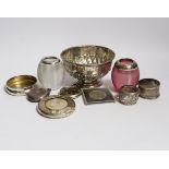 A collection of small silver, to include two mounted glass match strikes, one with cranberry