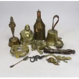 Sundry metalware including hinged brass frog with compartment, nutcrackers, a seated Buddha and a