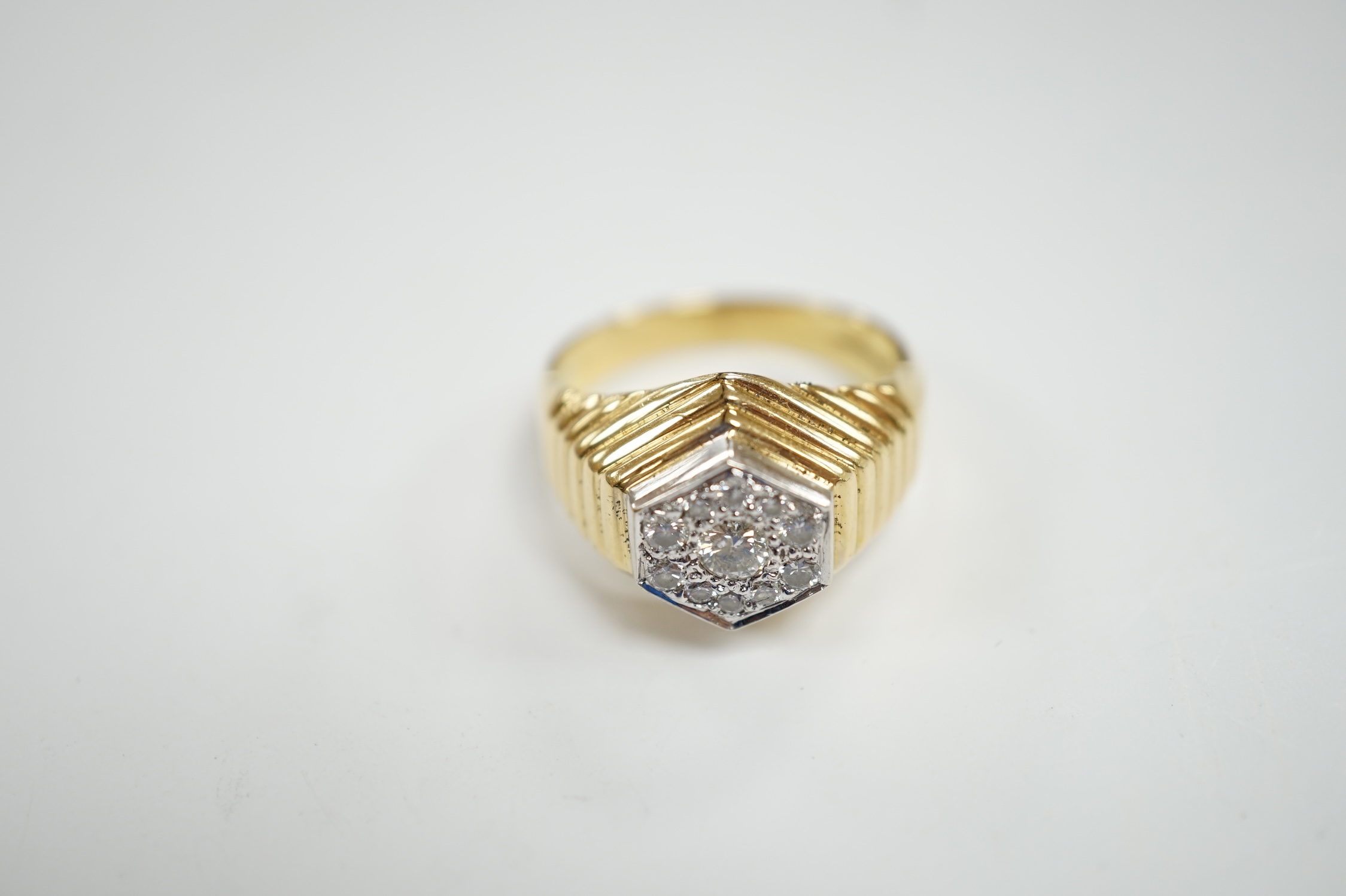 A modern 18ct gold and diamond set hexagonal cluster ring, size Q, gross weight 11.3 grams. - Image 3 of 4