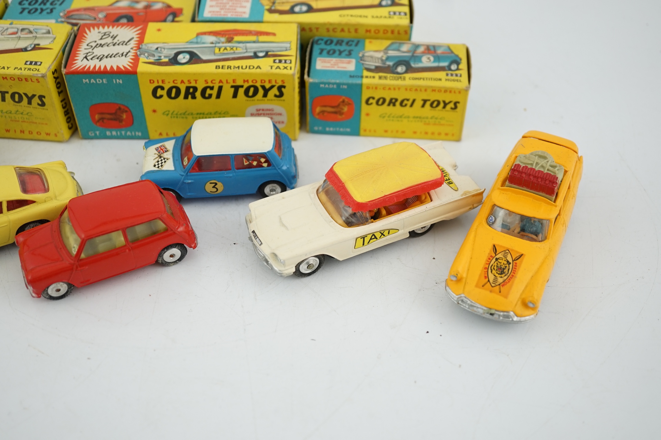Six boxed Corgi Toys cars; Aston Martin DB4 in yellow (218), Austin seven in red (225), Morris - Image 7 of 8