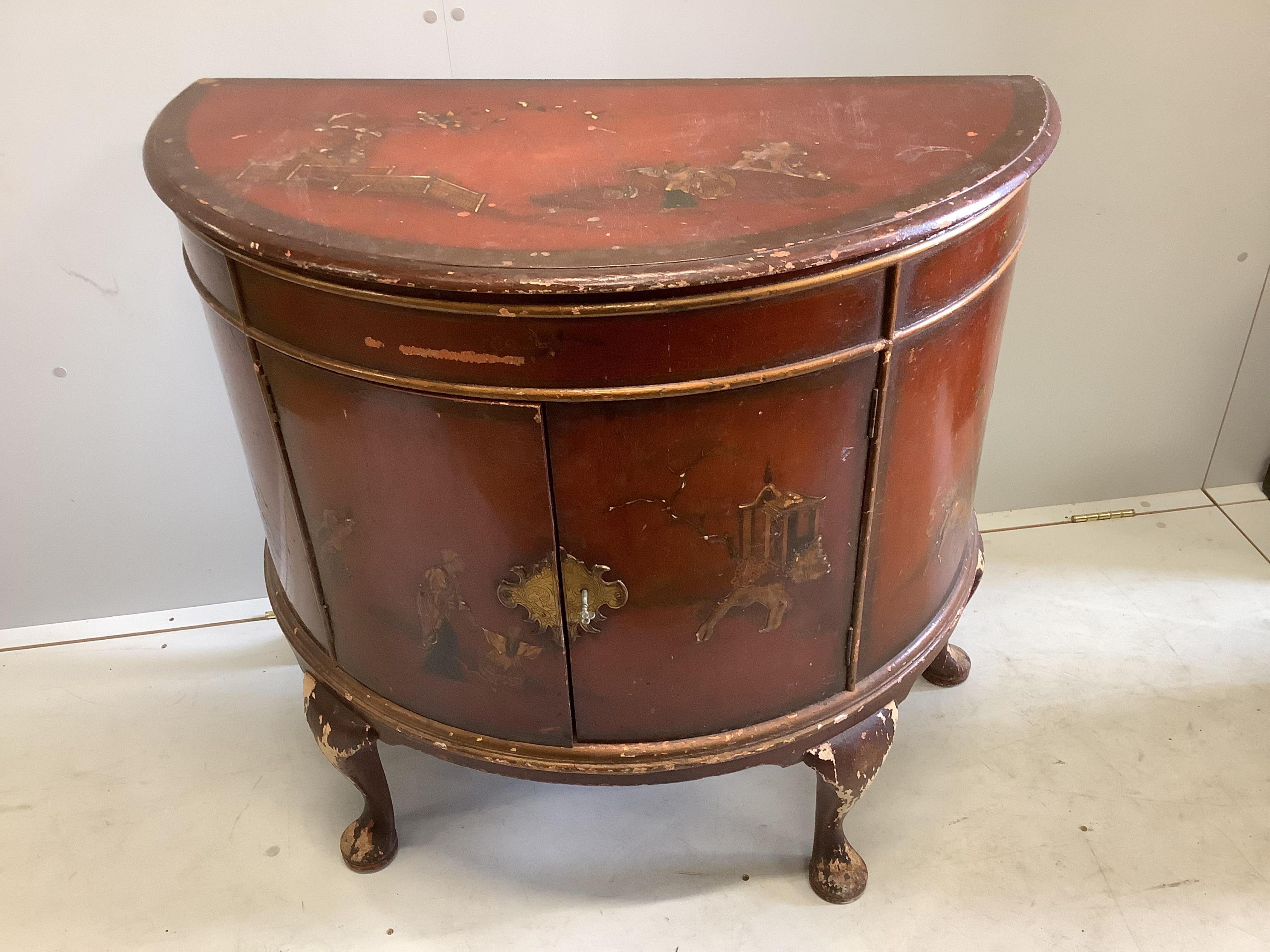 An early 20th century scarlet chinoiserie lacquer D shaped side cabinet, width 95cm, depth 49cm, - Image 2 of 2