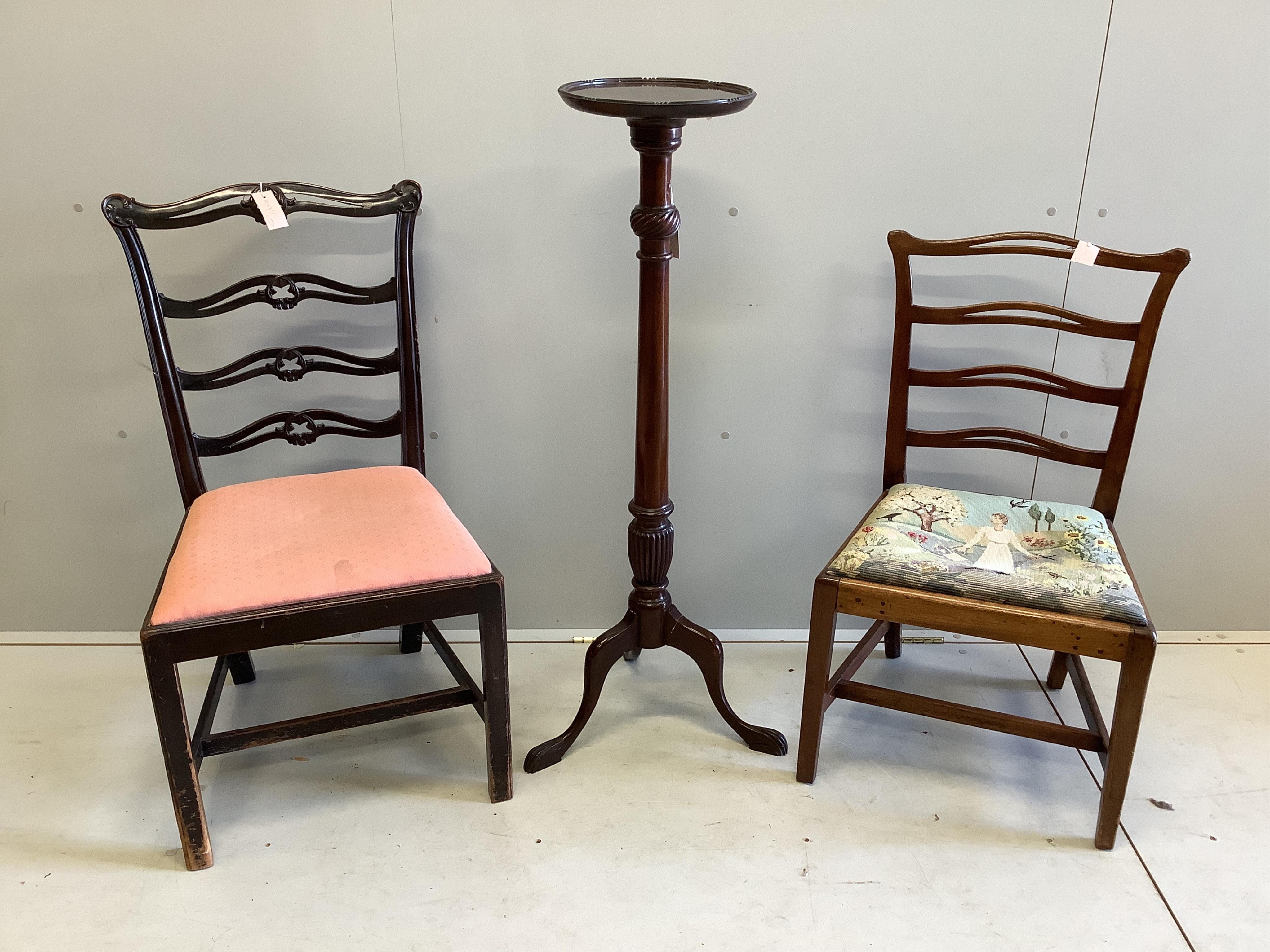 A 19th century mahogany ladderback dining chair with needlework seat, another ladderback chair and a