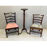 A 19th century mahogany ladderback dining chair with needlework seat, another ladderback chair and a