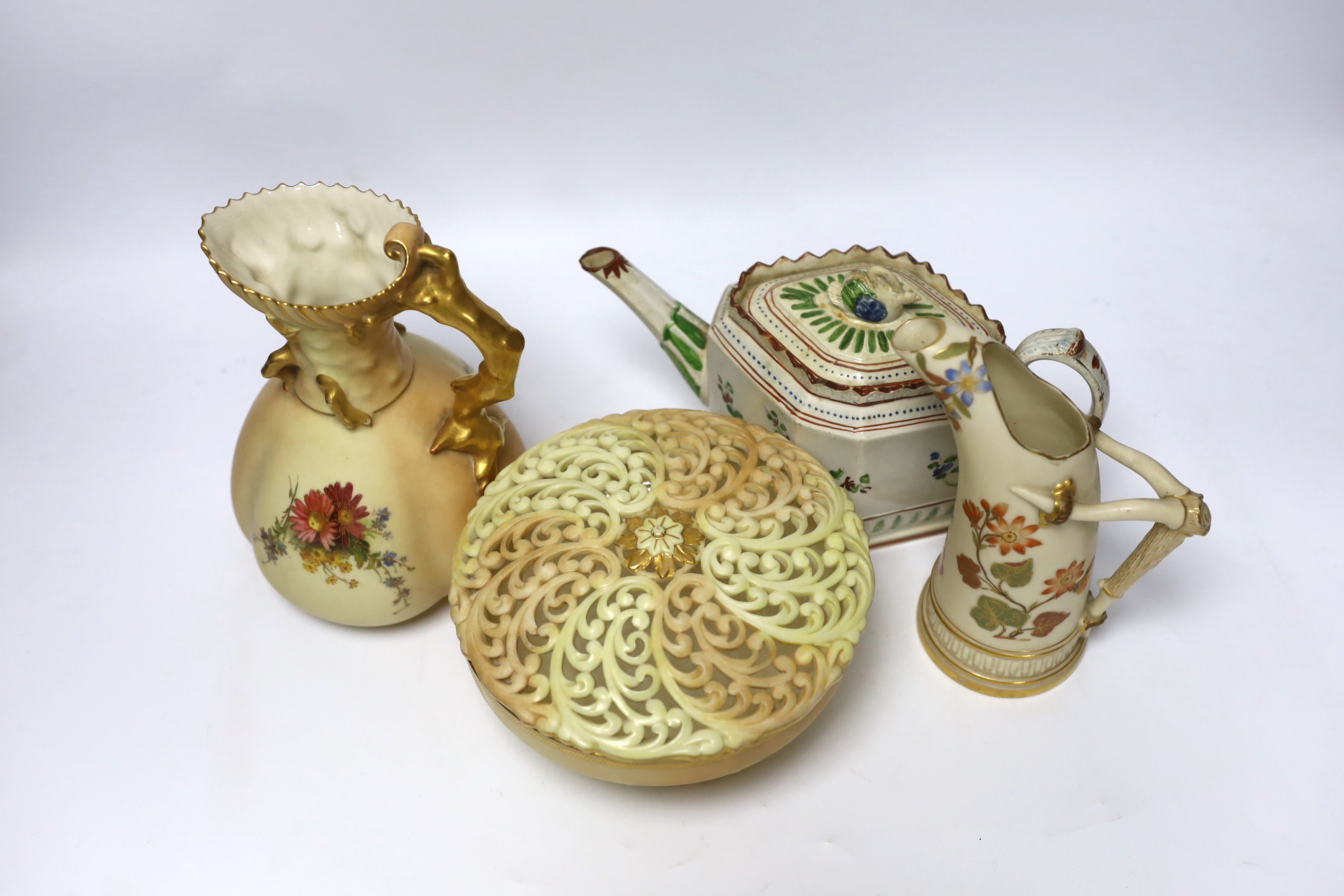 Three pieces of Royal Worcester blush ivory porcelain and an early 19th century pearlware teapot, - Image 3 of 5