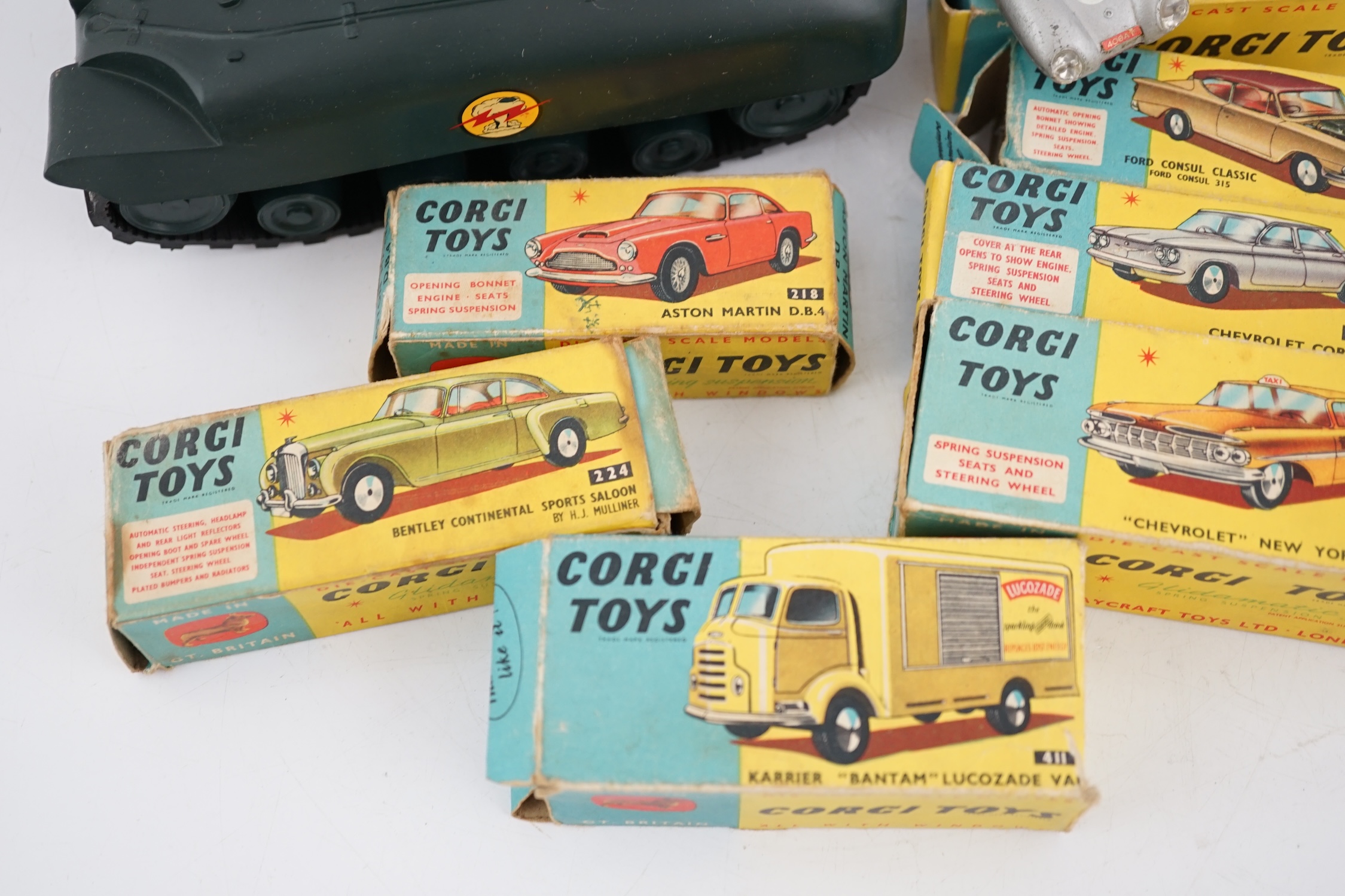 Seven boxed Corgi Toys and a Tri-ang M116 Sherman Tank, Corgi including; a Karrier Bantam Lucozade - Image 3 of 4