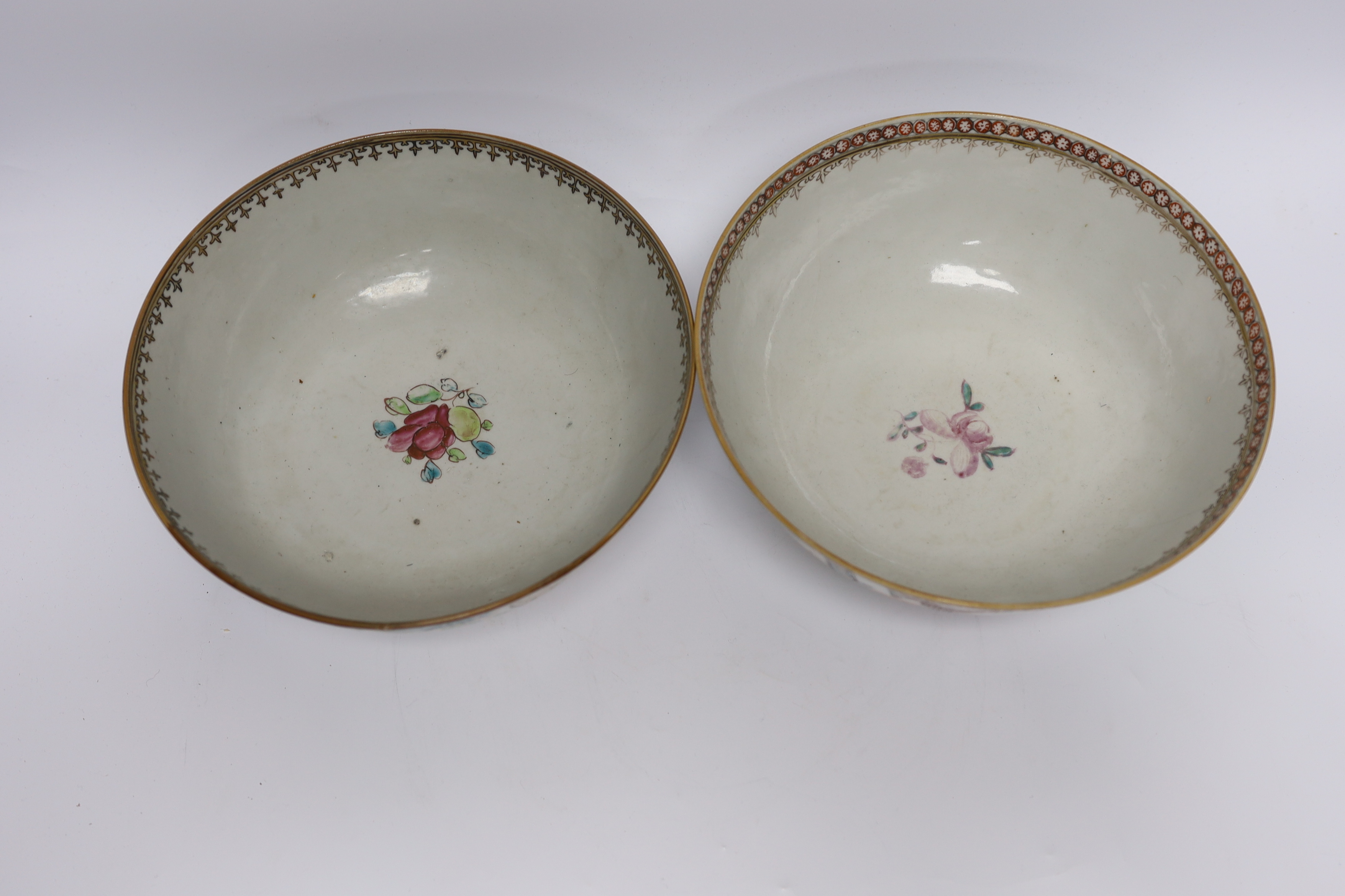 Two 18th century Chinese export famille rose bowls, largest 23cm diameter - Image 4 of 5