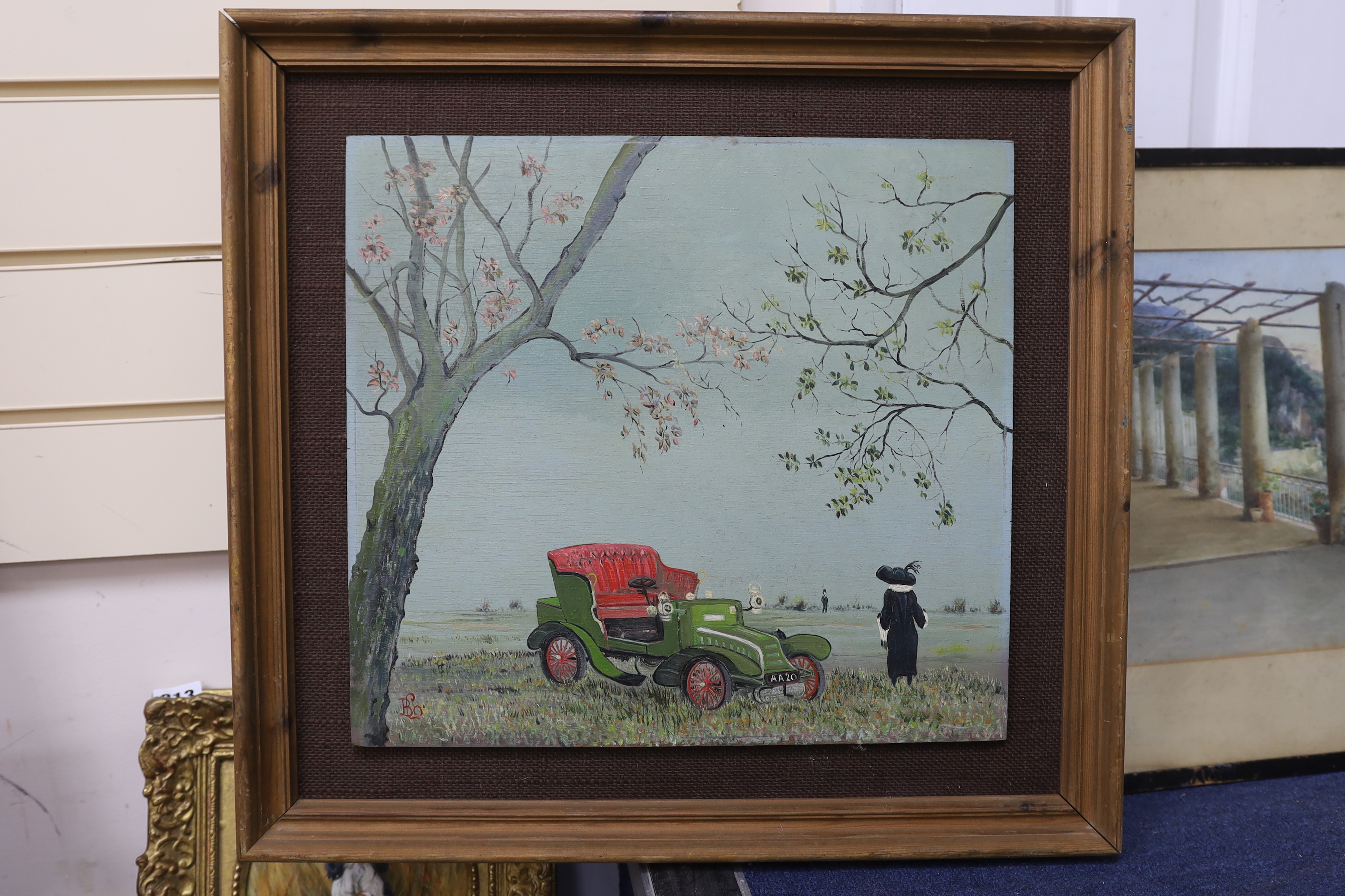 Early 20th century English School, oil on board, Classic car and Art Deco figures, monogrammed - Image 2 of 3