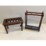 A late Victorian mahogany luggage stand on turned supports, width 69cm, depth 40cm, height 46cm