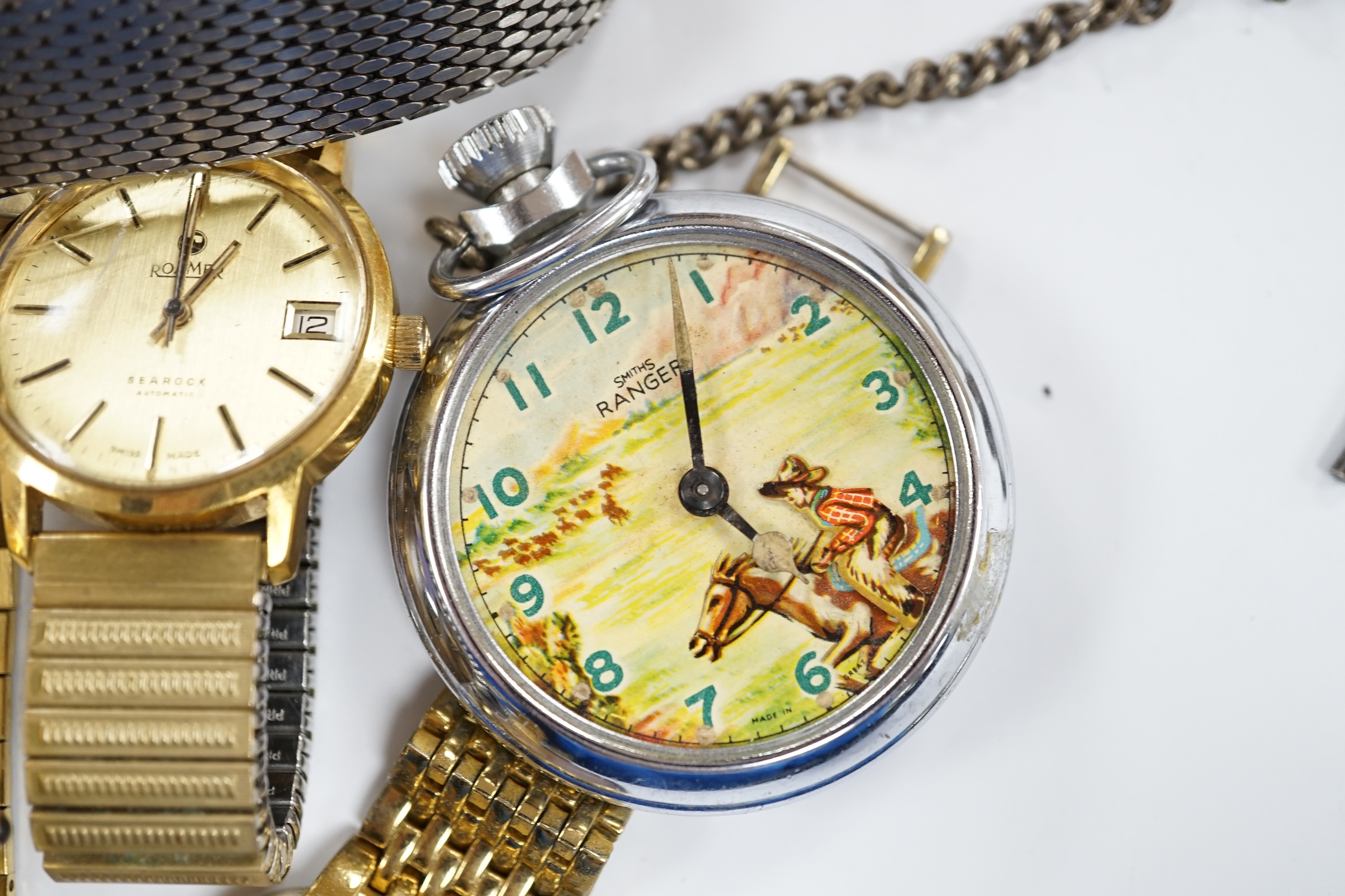 A small group of assorted wrist and pocket watches including a gold plated hunter and a Roamer - Image 7 of 7