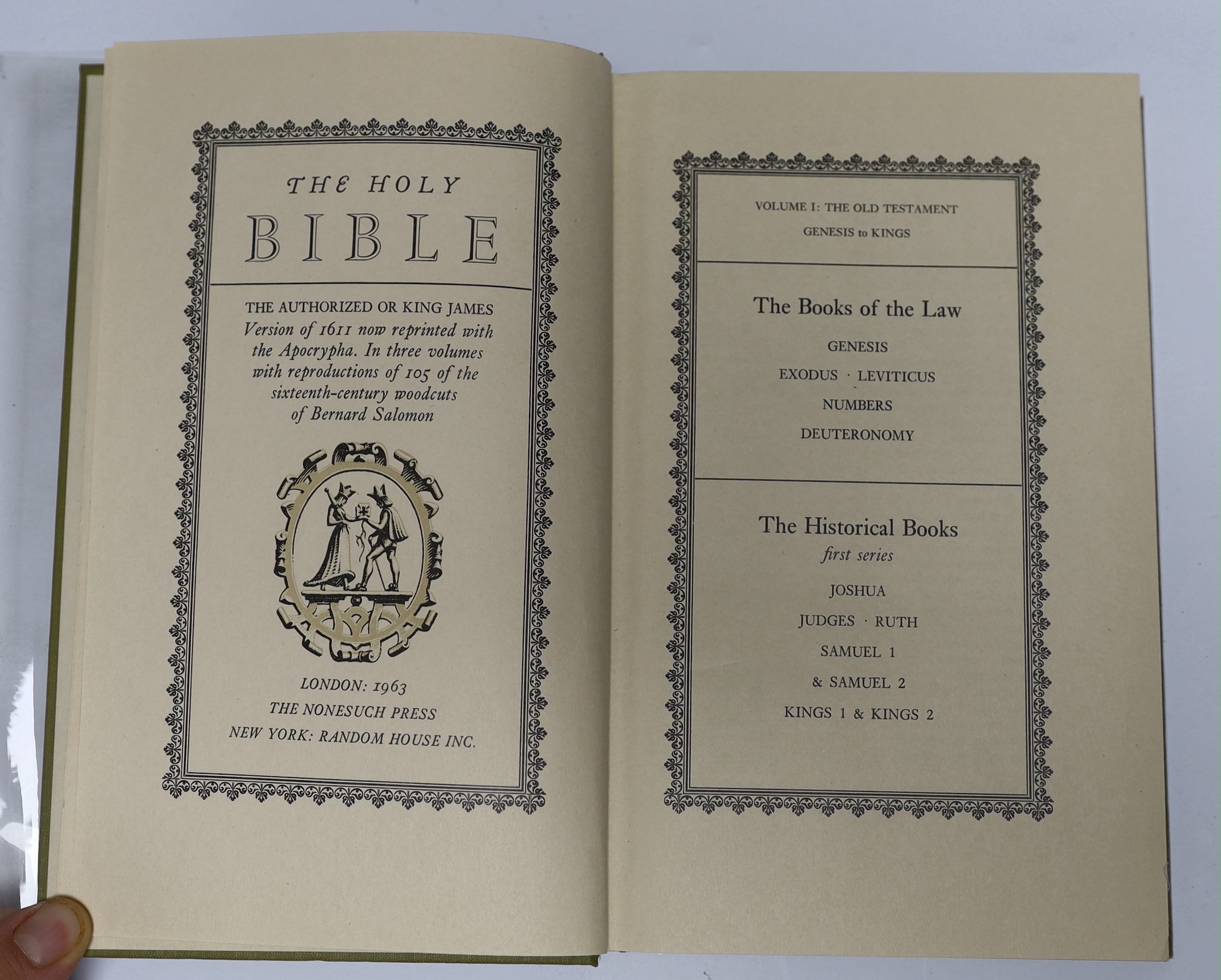 ° ° The Nonesuch Press, "The Holy Bible" in three vols., pub. 1963 to include 105 woodcuts, green - Image 2 of 2