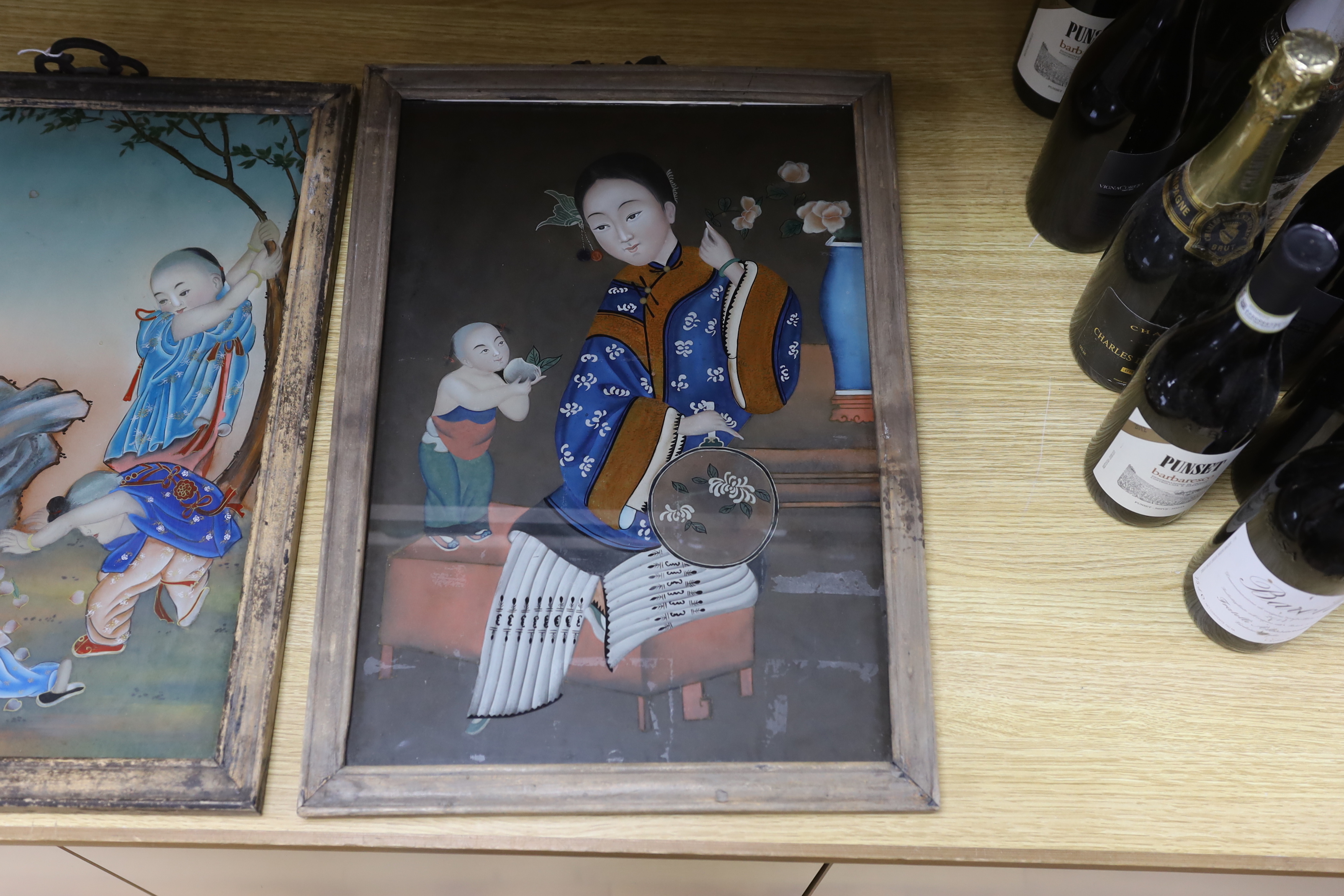 Two Chinese 20th century figural reverse painted glass pictures, framed largest 33cm wide x 49cm - Image 3 of 3