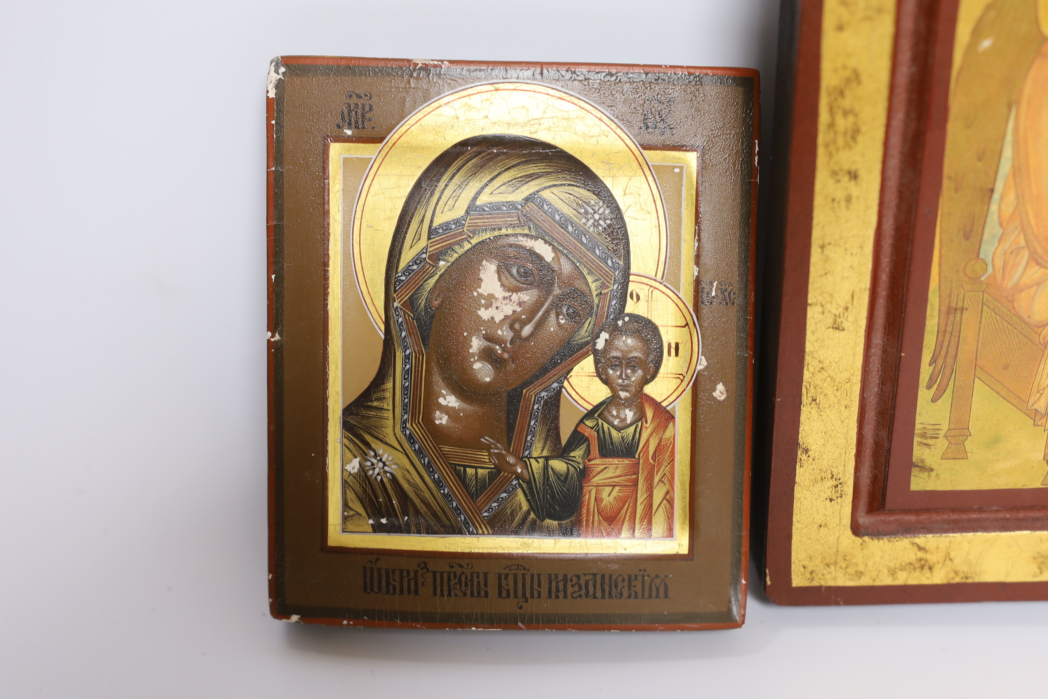 Two modern Russian Icons; the Virgin and child and three angels, larger 22 x 21cm - Image 2 of 3