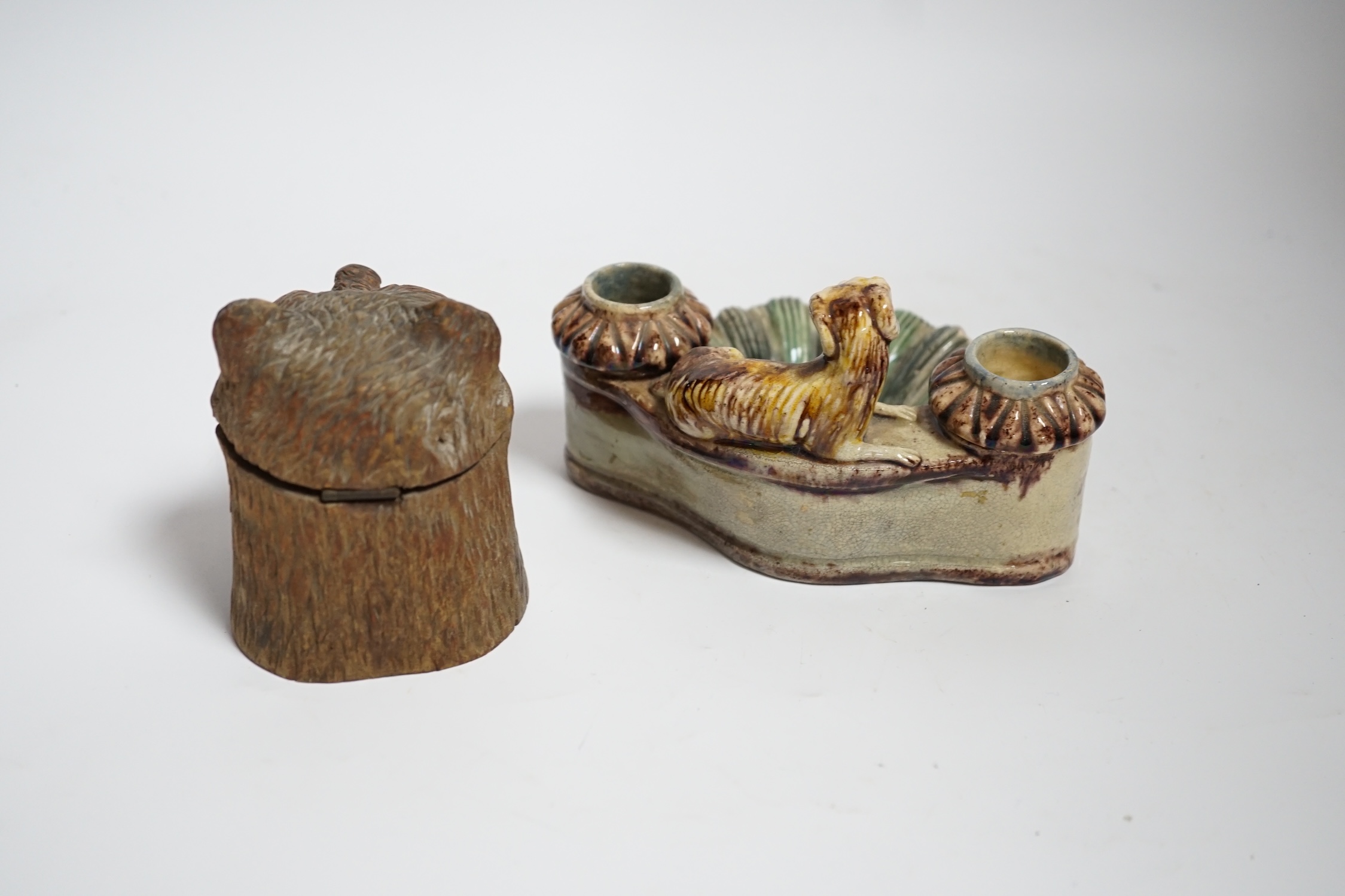 A Black Forest carved bear inkwell and a majolica inkwell surmounted with a dog, largest 14cm wide - Image 4 of 5