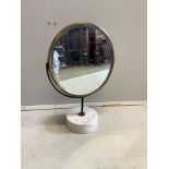 A mid century brass framed swivel toilet mirror, on circular marble base, height 48cm