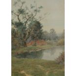 Thomas Nicholson Tyndale (1858-1936), watercolour, Farmhouse beside a lake, signed, 26 x 20cm