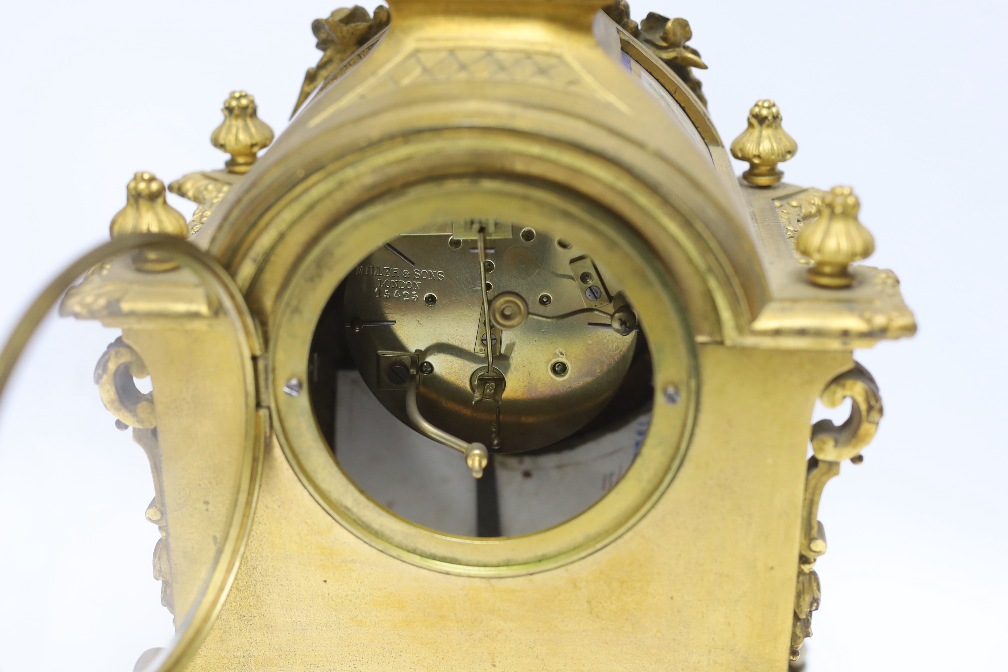 A Sevres style ormolu clock, Miller & Sons with two similar gilt spelter urns, pendulum no key, - Image 5 of 6