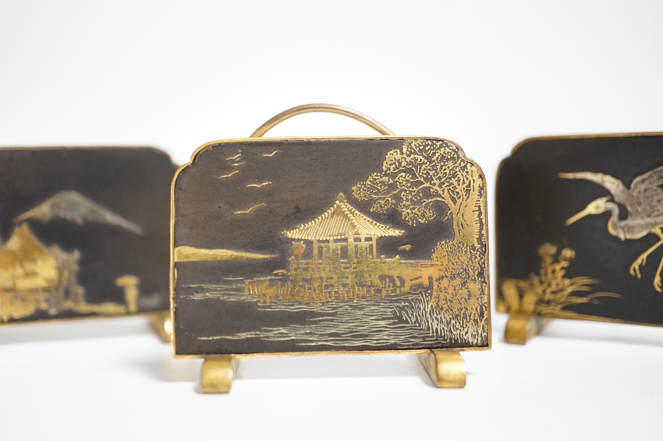 Three Japanese gold damascened iron menu holders by S. Komai, in original box, each 5cm wide - Image 2 of 5