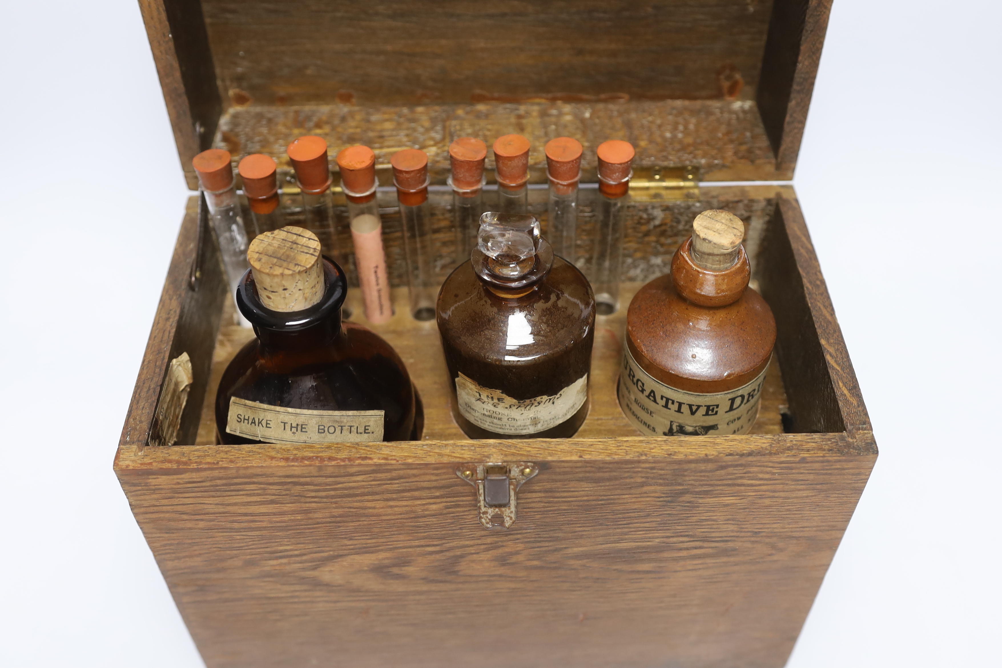 A vintage travelling vets box with two glass bottles and a stoneware bottle, Alfred Parker label - Bild 2 aus 2