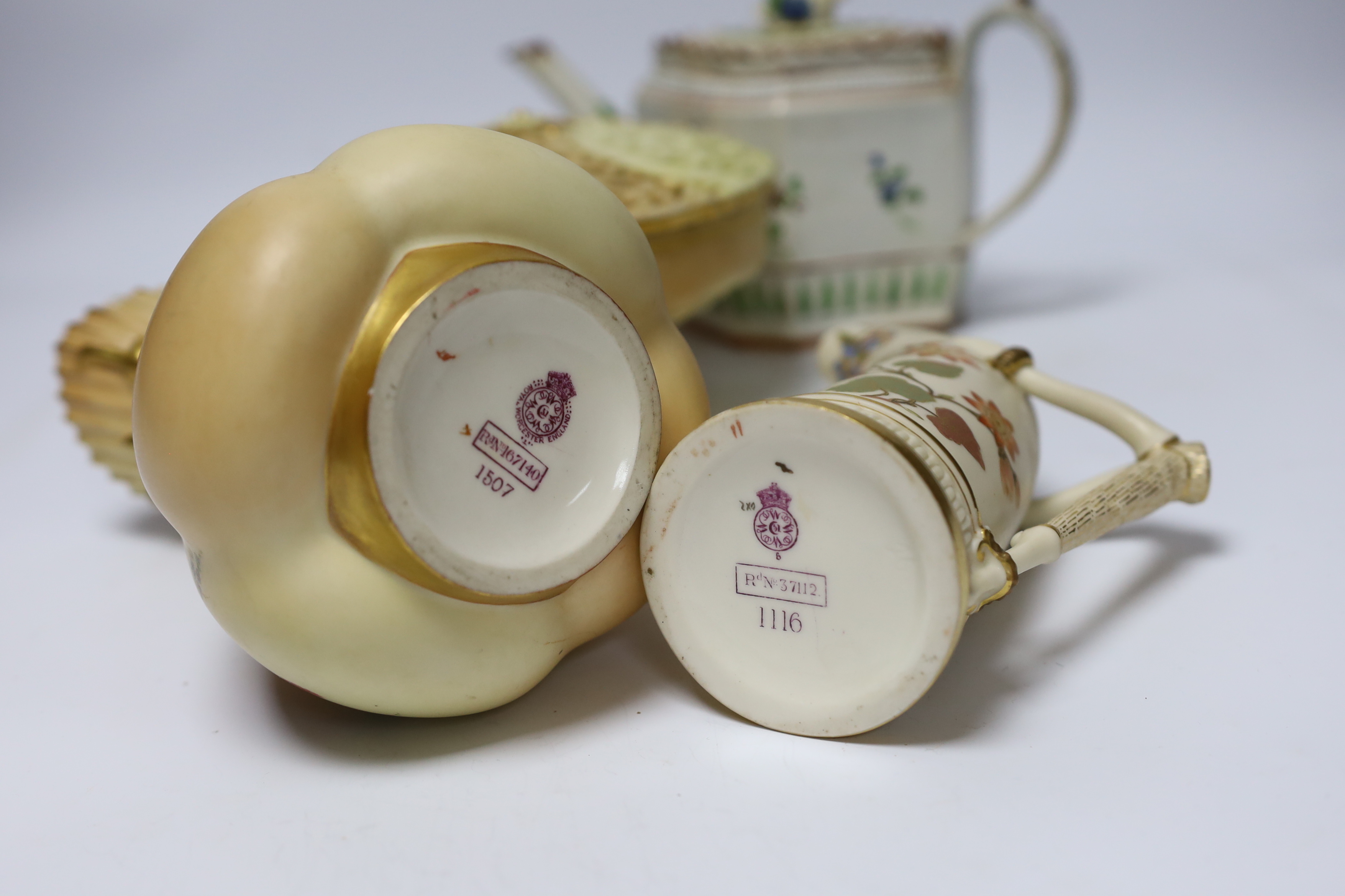 Three pieces of Royal Worcester blush ivory porcelain and an early 19th century pearlware teapot, - Image 4 of 5