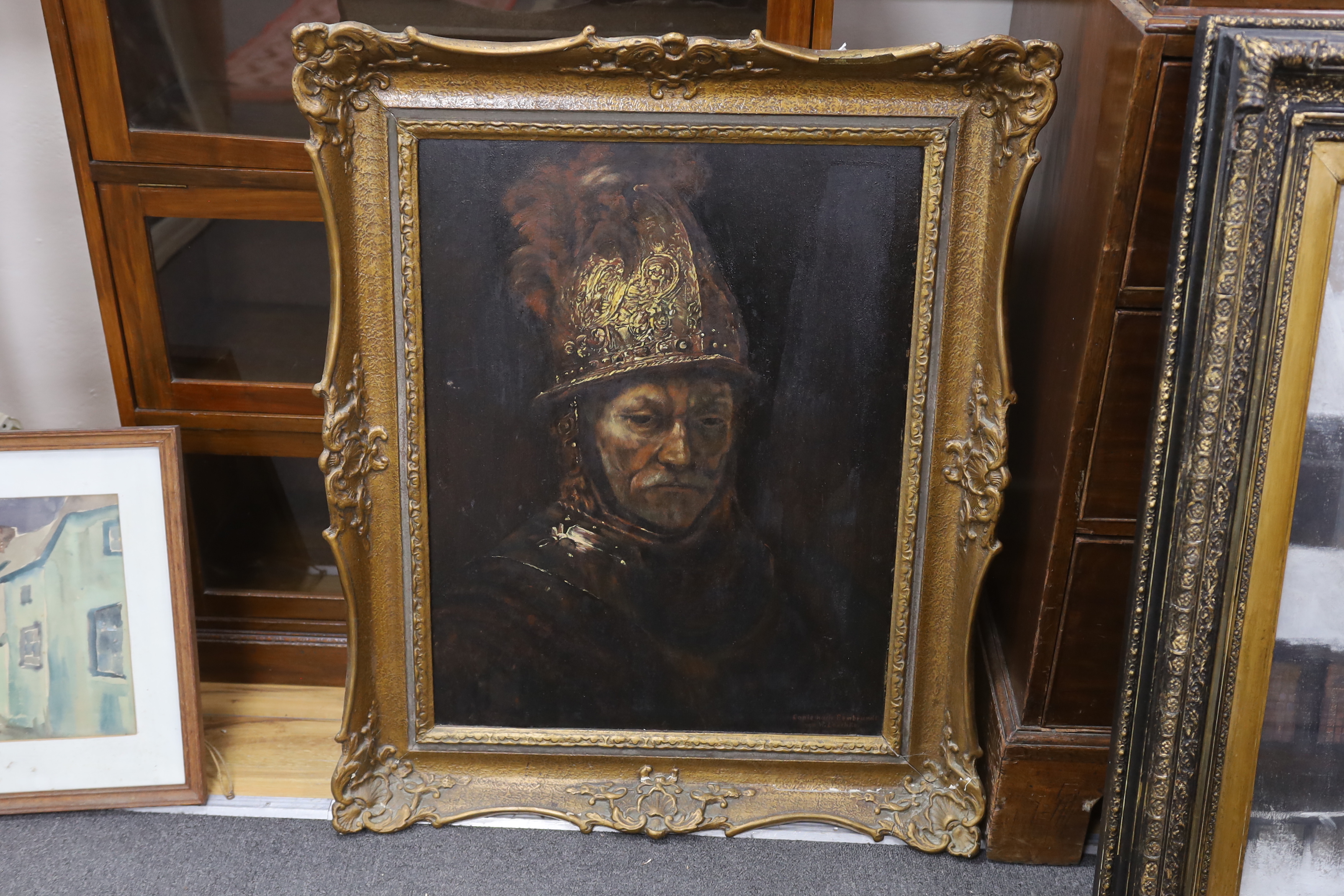 W Loschke, After Rembrandt (Dutch, 1606-1669), oil on board, ‘The man with the golden helmet’, - Image 2 of 3