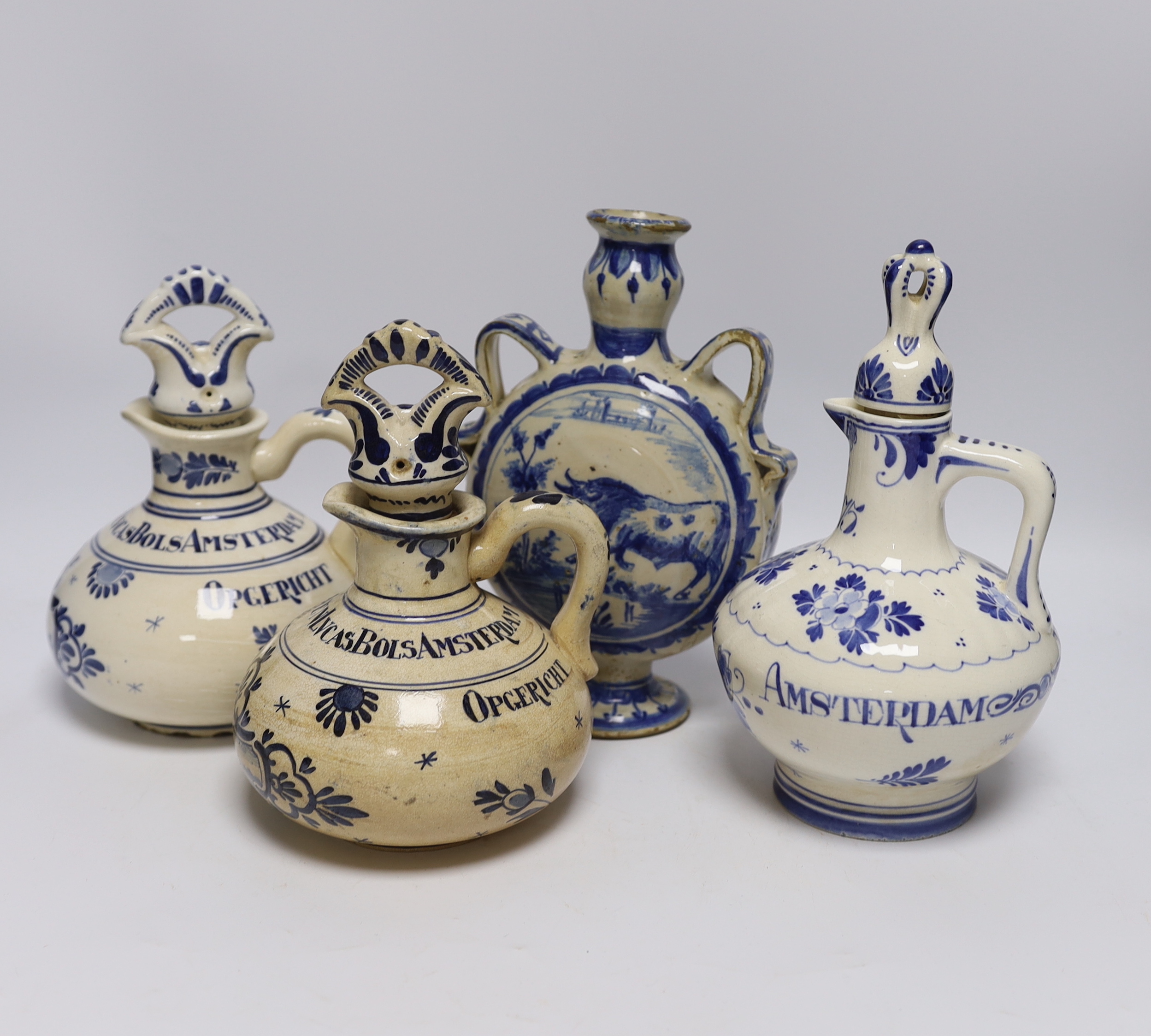 A Delft moonflask and three Delft jugs, largest 22cm - Image 2 of 5