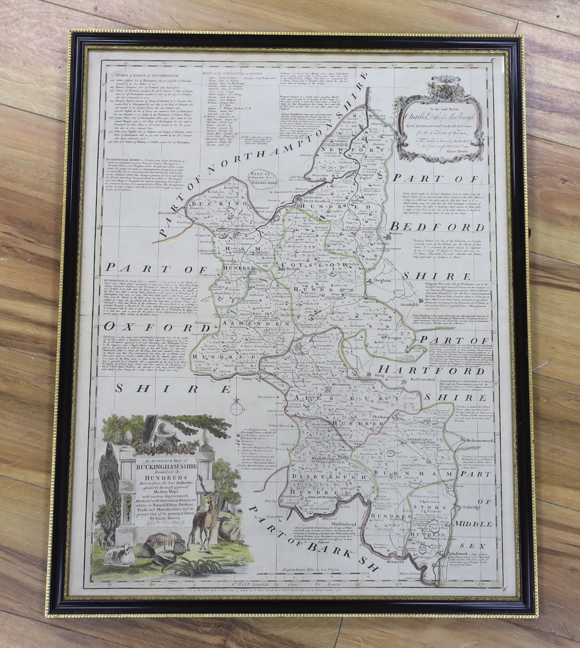 After Emanuel Bowen (1694-1767), hand coloured map of Buckinghamshire, printed for R Sayer, T Bowles - Image 2 of 2