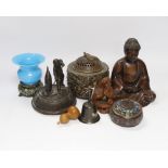 A quantity of Chinese bronzes and wood carvings including stands, seated Buddha etc.