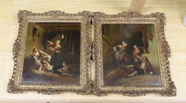 German School, pair of oils on canvas board, Barn scenes with figures, 24.5 x 21cm