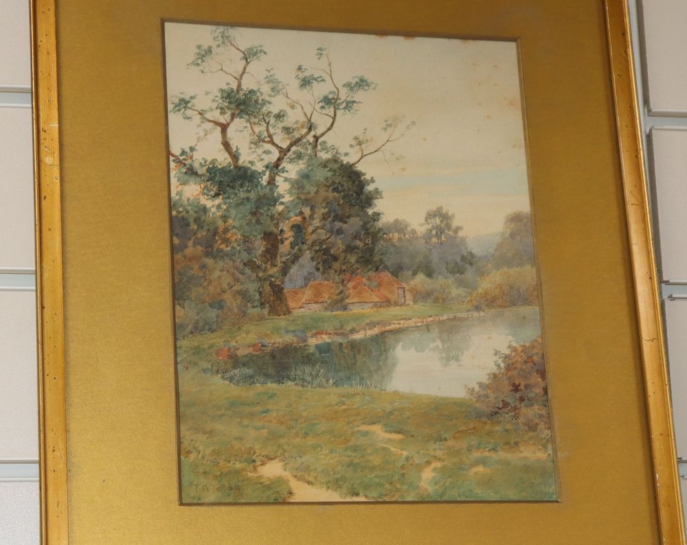 Thomas Nicholson Tyndale (1858-1936), watercolour, Farmhouse beside a lake, signed, 26 x 20cm - Image 2 of 5