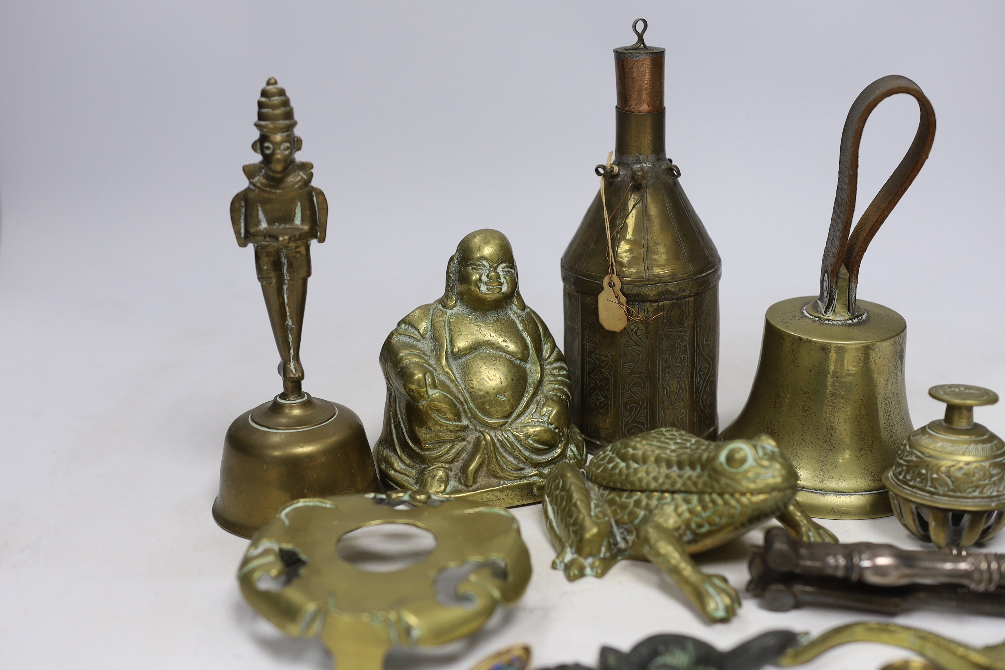 Sundry metalware including hinged brass frog with compartment, nutcrackers, a seated Buddha and a - Image 2 of 6