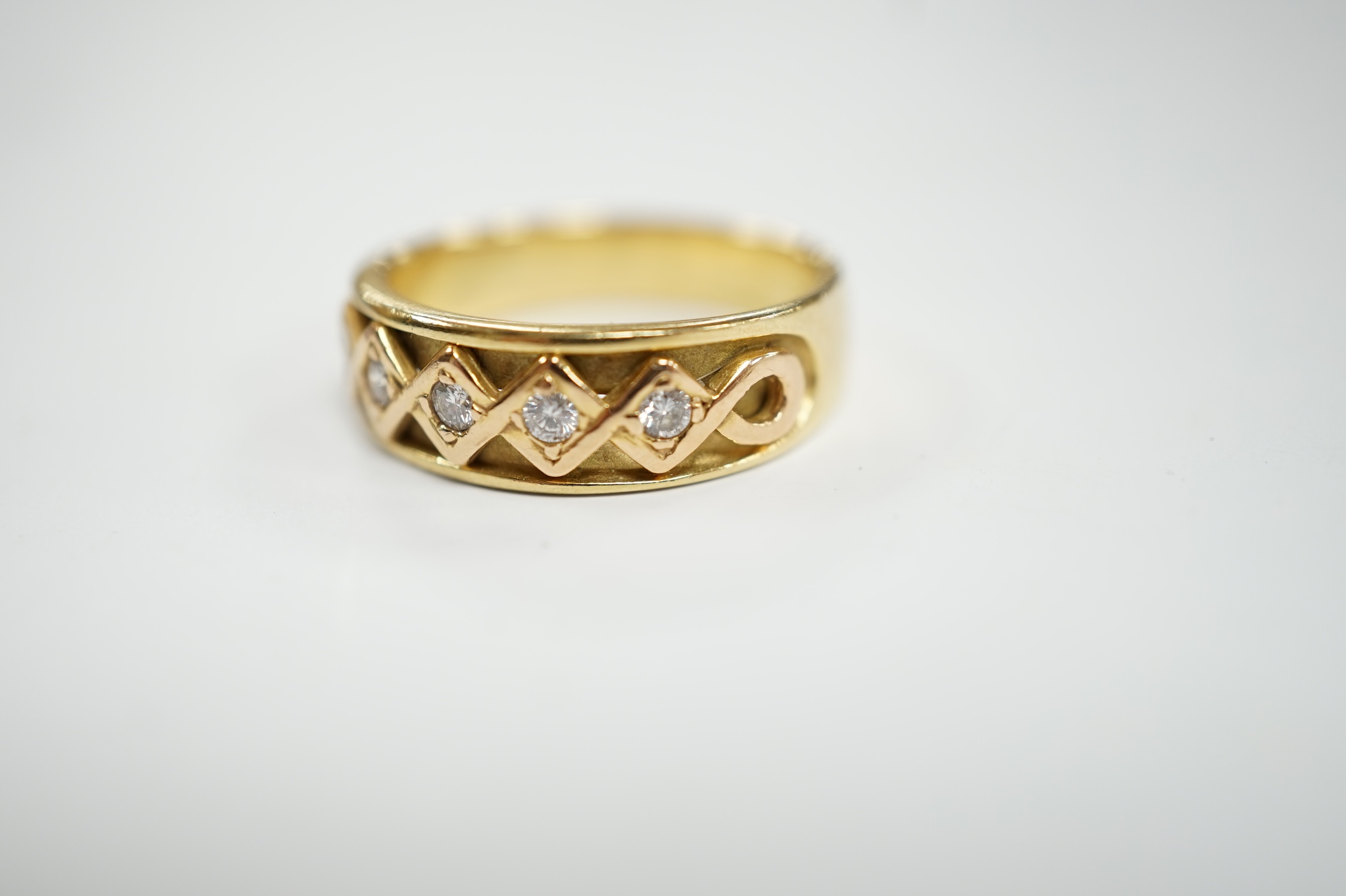 A modern 18ct gold and five stone diamond set half hoop ring, size O, gross weight 6.2 grams. - Image 2 of 5