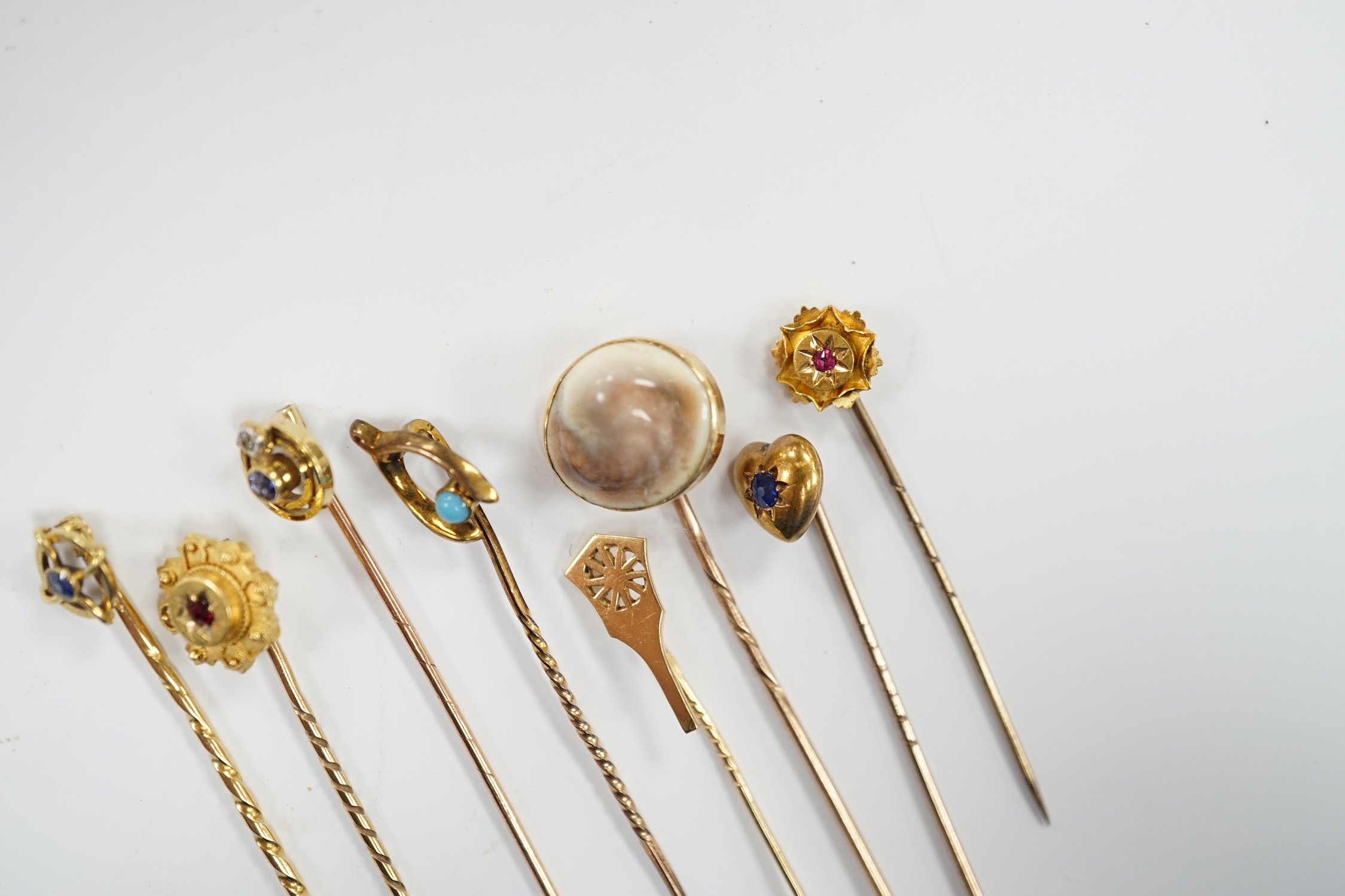 Eight assorted early 20th century and later yellow metal and gem set stick pins, including six 15ct, - Image 4 of 4