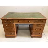 A late Victorian mahogany leather topped pedestal desk, width 138cm, depth 75cm, height 77cm