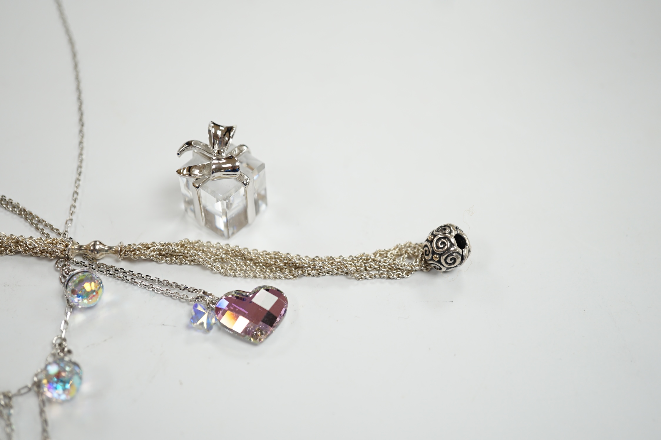 Two modern Swarovski crystal necklaces, a similar 'present' charm and a Pandora bracelet. - Image 3 of 3