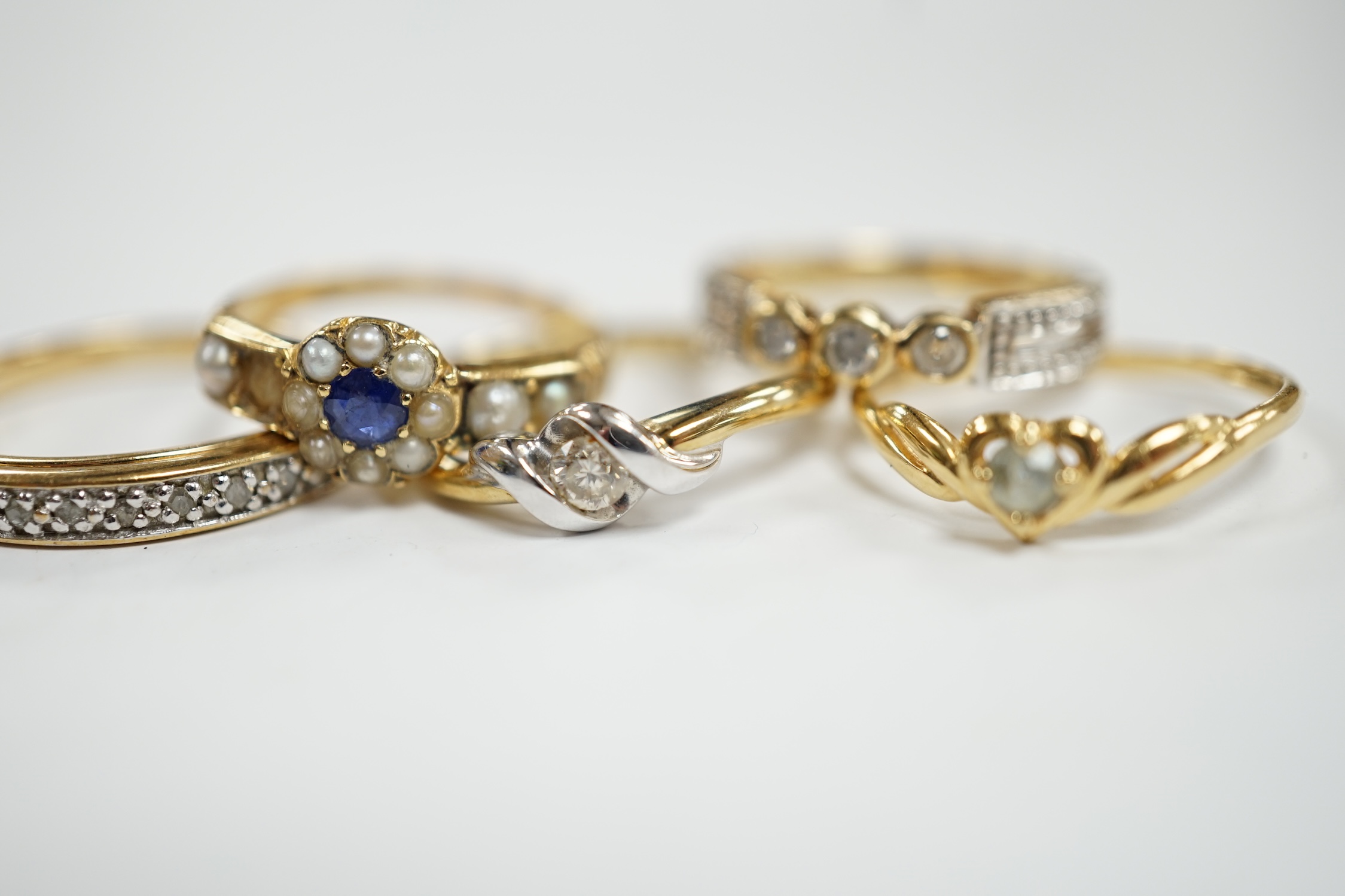 Three assorted modern 9ct gold and diamond set rings, gross 6.5 grams and two other yellow metal and - Image 2 of 6