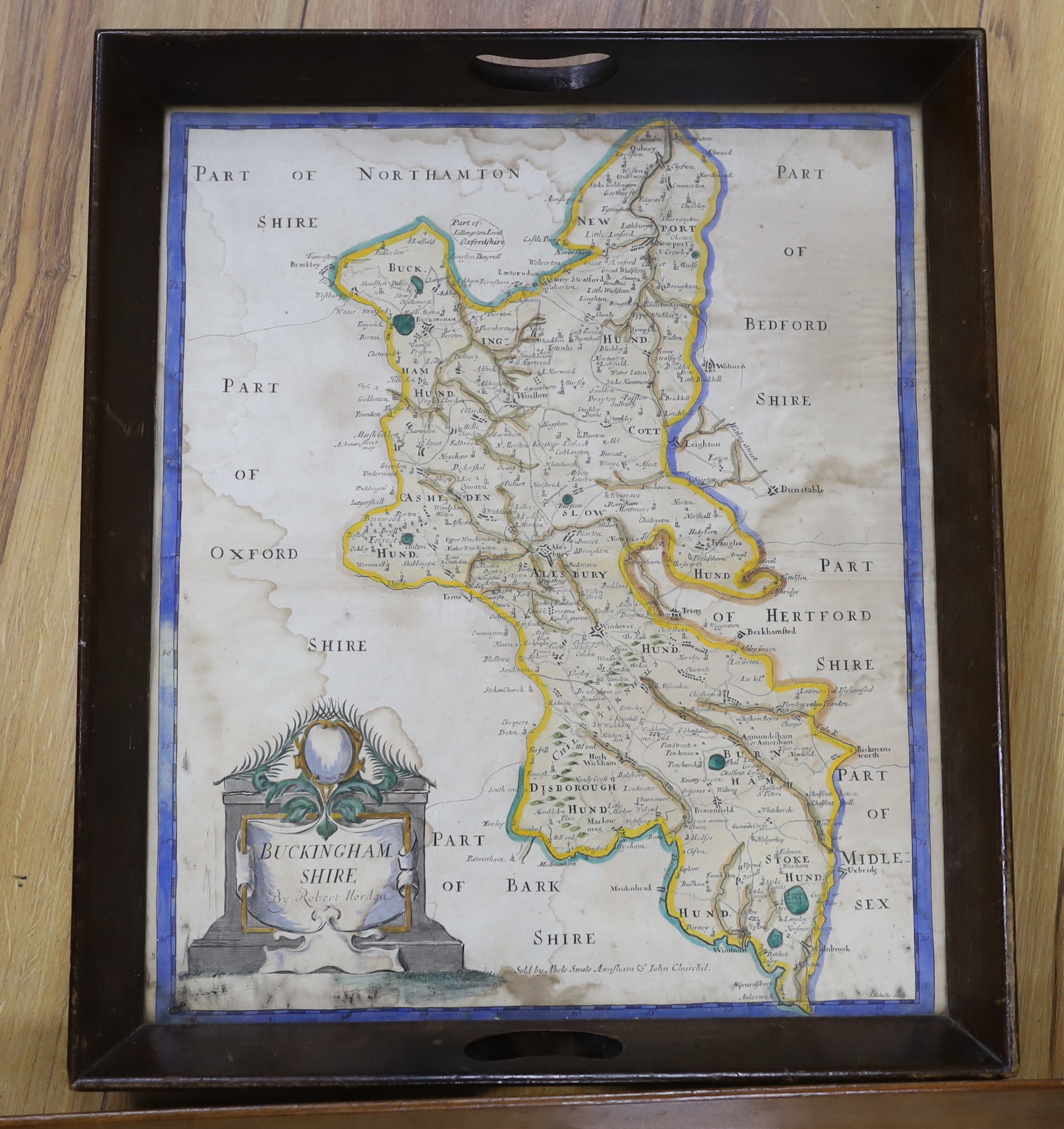 An 18th century hand coloured map of Wales, framed as a twin handled drink’s tray, together with - Bild 3 aus 3